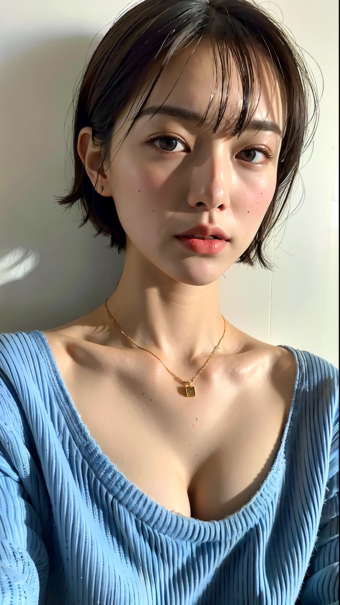 (Best quality, 8k, 32k, Masterpiece, UHD:1.2),Photo of Pretty Japanese woman, large breasts, very short bob hair,upper body,face focus,oversized_sweater, necklace, simple background, from above, looking at viewer,