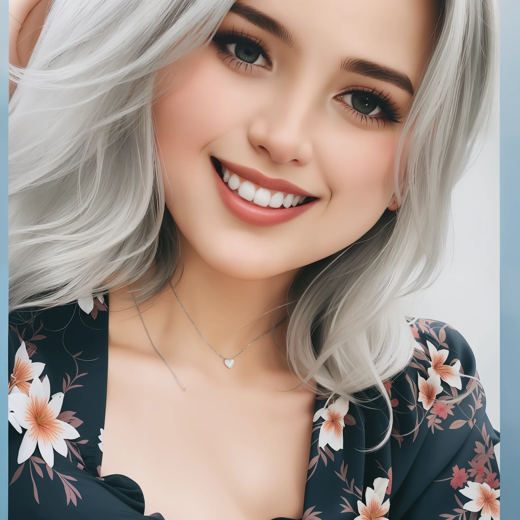 there is a woman with a necklace on her neck posing for a picture, beautiful and smiling, perfect white haired girl, silver hair girl, curled silver hair, with a beautifull smile, lovely smile, silver haired, beautiful mexican woman, inspired by Glòria Muñoz, girl silver hair, going gray, blonde and silver hair, flowing silver hair
