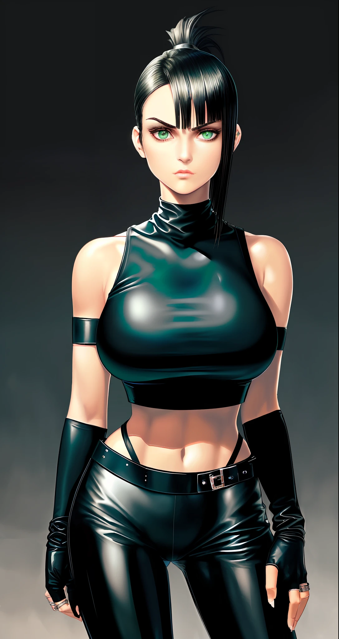 ("best quality", "black crop top", "neck straps", "right hand fingerless glove", "silver chocker", "black leather pants", "big breasts", "rings", "medium boots", tender face, short black hair with ponytail, simple bottom, green eyes, fair skin, very large breasts, large butt with tight pants,