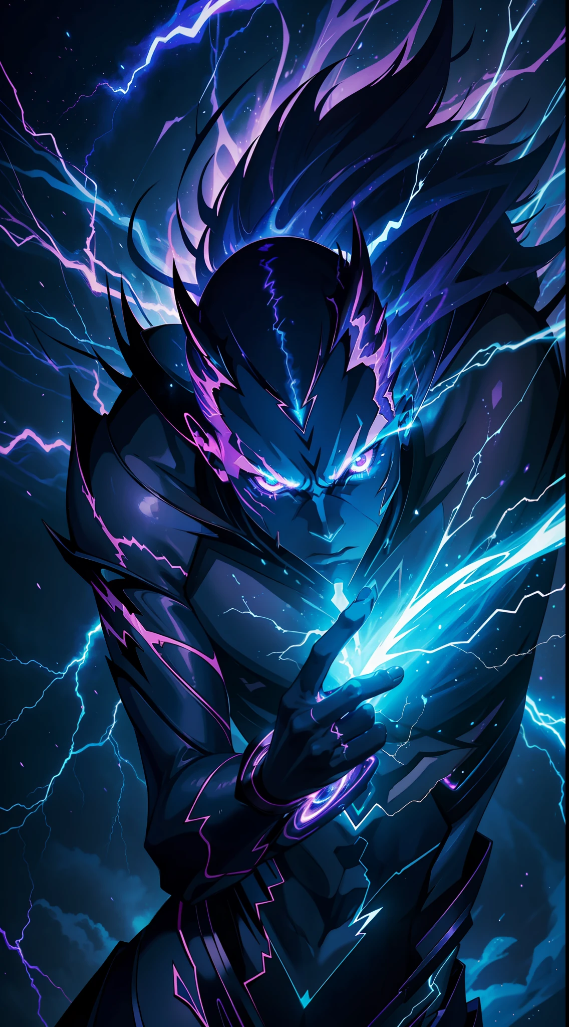 a close-up of a person with a purple and blue background full of lightning, glowing black aura, evil aura, 8k anime, an epic anime of a being with lightning powers, epic anime style, menacing aura, aura of darkness, evolving into his final form, glowing power aura, cosmic power glowing and flourishing, many lightning bolts surrounding the character