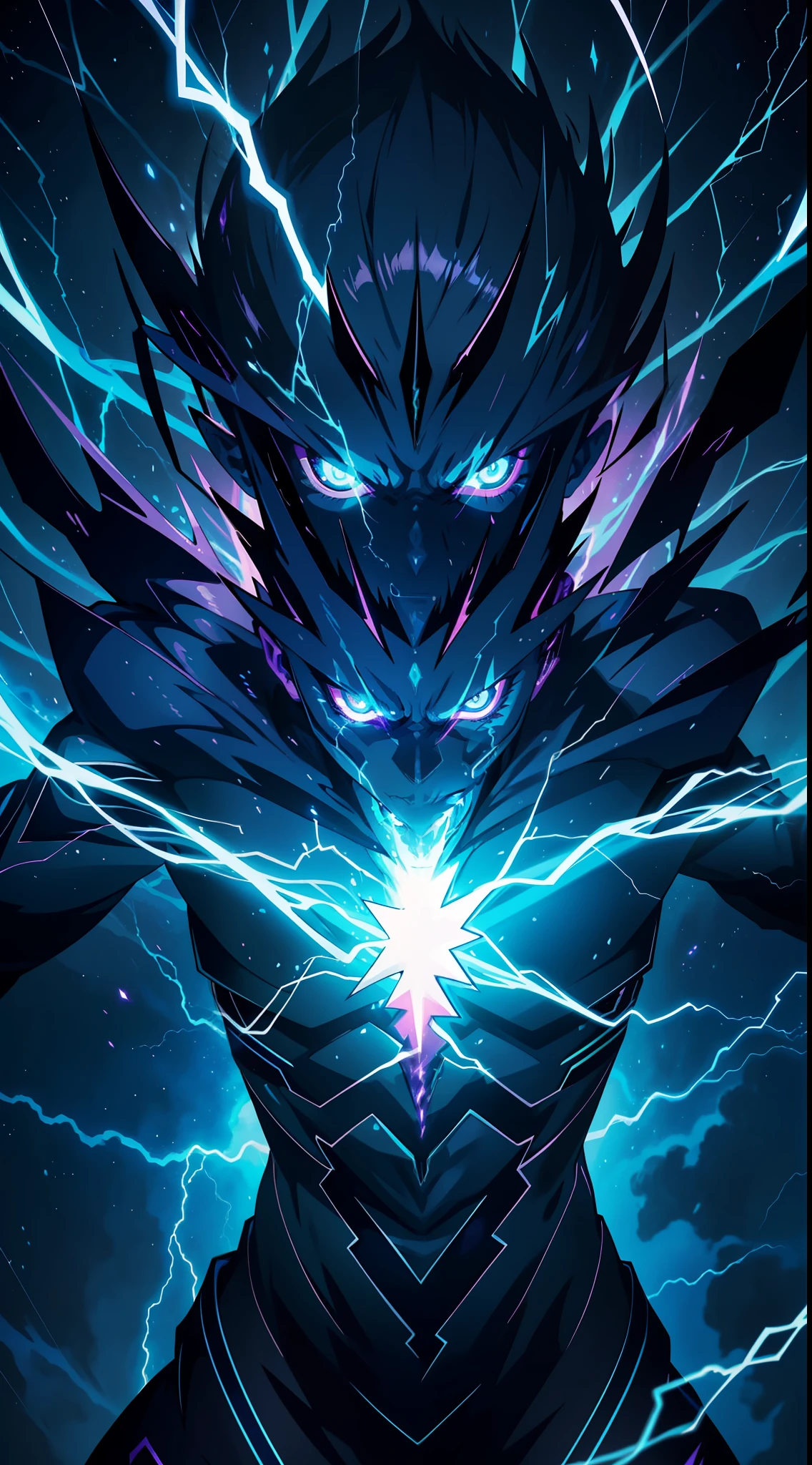 a close-up of a person with a purple and blue background full of lightning, glowing black aura, evil aura, 8k anime, an epic anime of a being with lightning powers, epic anime style, menacing aura, aura of darkness, evolving into his final form, glowing power aura, cosmic power glowing and flourishing, many lightning bolts surrounding the character