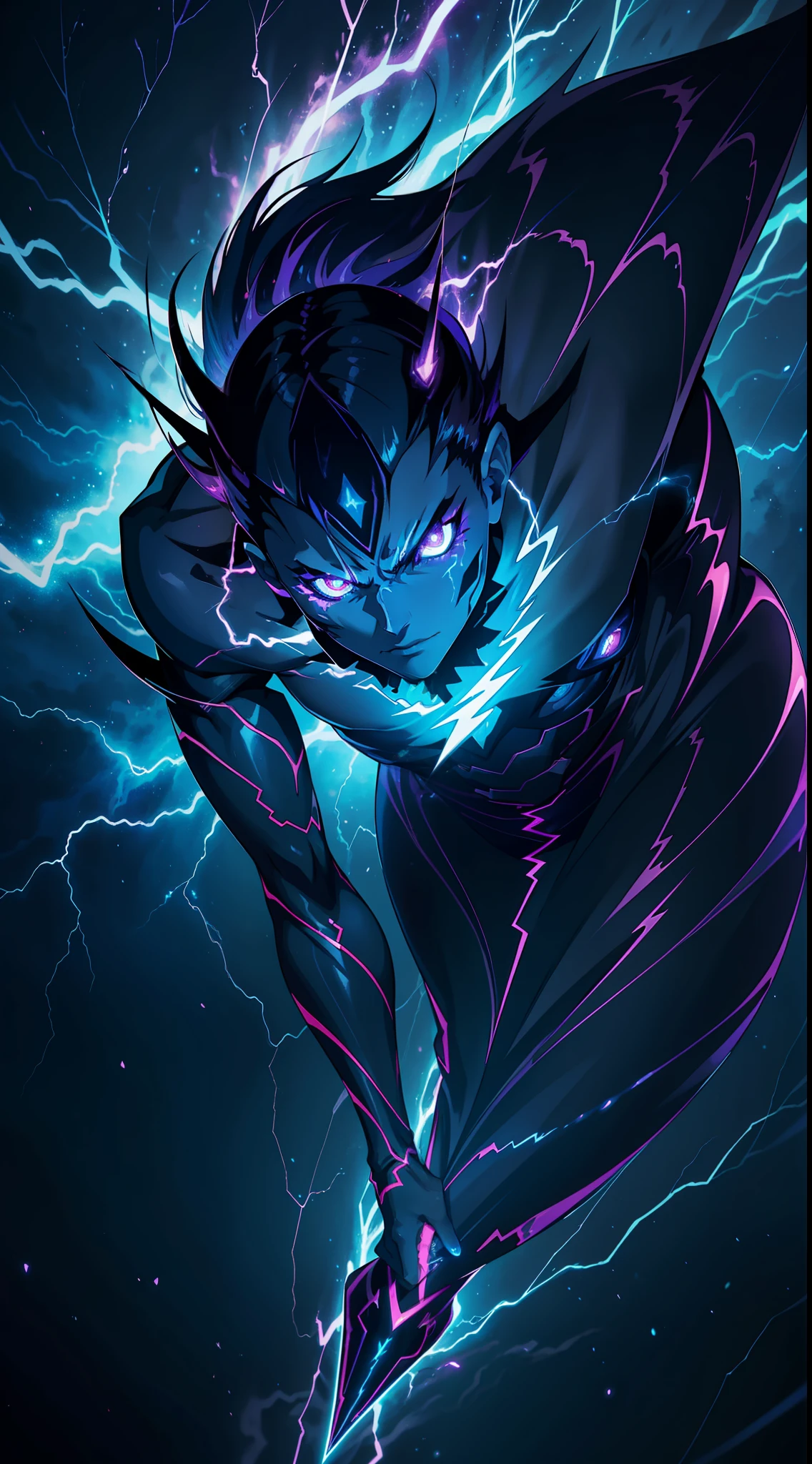 a close-up of a person with a purple and blue background full of lightning, glowing black aura, evil aura, 8k anime, an epic anime of a being with lightning powers, epic anime style, menacing aura, aura of darkness, evolving into his final form, glowing power aura, cosmic power glowing and flourishing, many lightning bolts surrounding the character