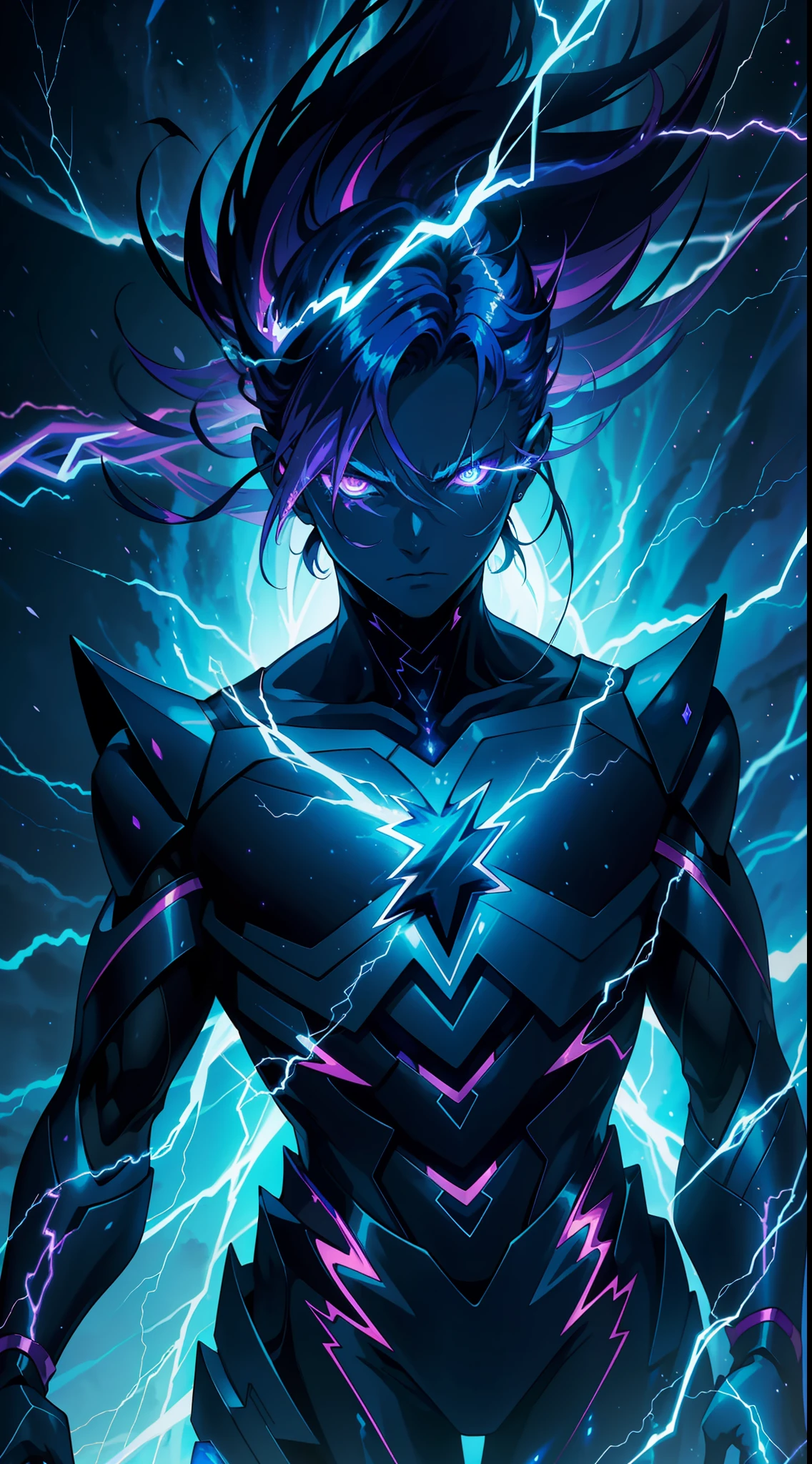 a close-up of a person with a purple and blue background full of lightning, glowing black aura, evil aura, 8k anime, an epic anime of a being with lightning powers, epic anime style, menacing aura, aura of darkness, evolving into his final form, glowing power aura, cosmic power glowing and flourishing, many lightning bolts surrounding the character