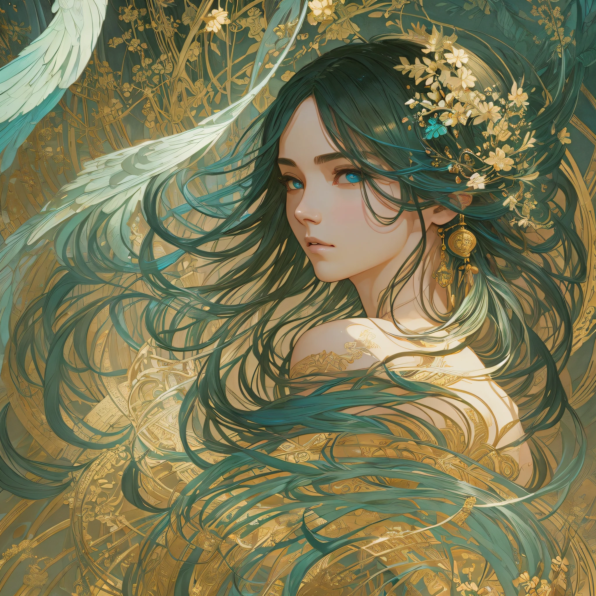 High quality, masterpiece, masterpiece, exquisite facial features, exquisite hair, exquisite eyes, exquisite color hair, 4K picture quality, gorgeous light and shadow, Tyndall effect, halo, messy hair, young state, gorgeous scene, exquisite clothes, chains, feathers, ancient chinese beauty with big eyes very detailed, digital painting, artstation, concept art, sharp focus, illustration, art by greg rutkowski and alphonse mucha and victo ngai --auto --s2