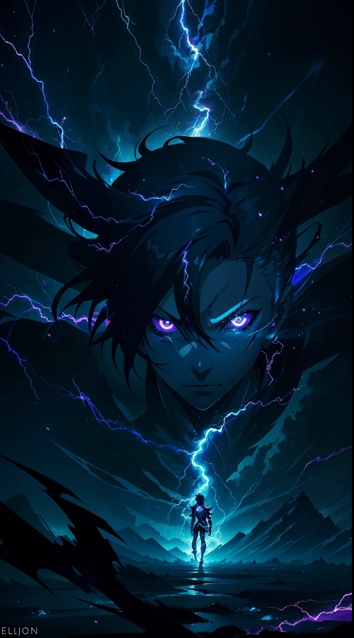 a close-up of a person with a purple and blue background full of lightning, glowing black aura, evil aura, 8k anime, an epic anime of a being with lightning powers, epic anime style, menacing aura, aura of darkness, evolving into his final form, glowing power aura, cosmic power glowing and flourishing, many lightning bolts surrounding the character