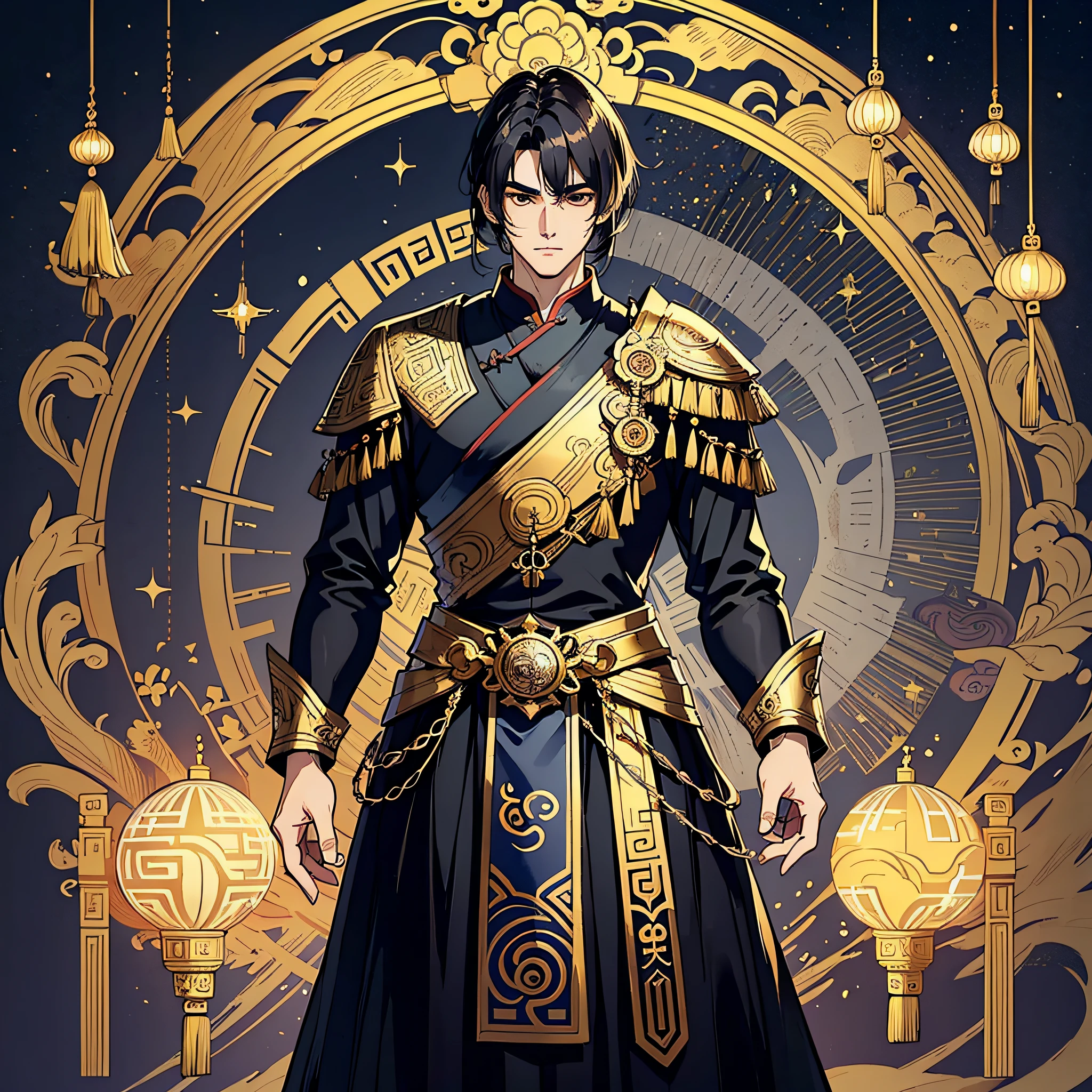 Masterpiece, Delicate, Night, Full Moon, 1 Man, Twenty Years Old Man, Ancient Chinese, Court, Standing, Black Eyes, Dark Hair, Split Hair, Long Bangs, Handsome, Handsome, Masculine, Painful, Gentle, Tall, Frow, Golden Pattern, Dragon Pattern, Prince, Full Body --auto --s2