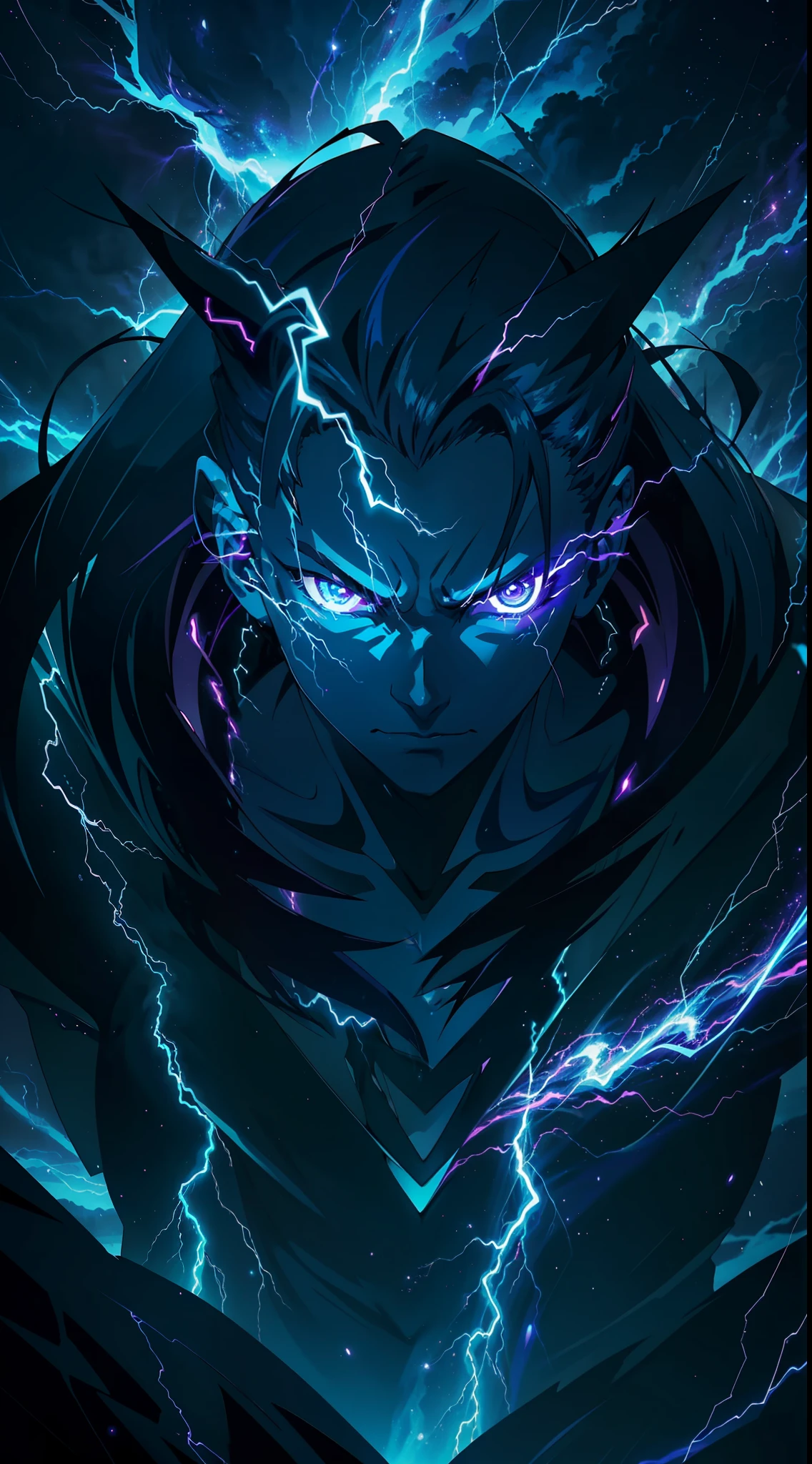 a close-up of a person with a purple and blue background full of lightning, glowing black aura, evil aura, 8k anime, an epic anime of a being with lightning powers, epic anime style, menacing aura, aura of darkness, evolving into his final form, glowing power aura, cosmic power glowing and flourishing, many lightning bolts surrounding the character