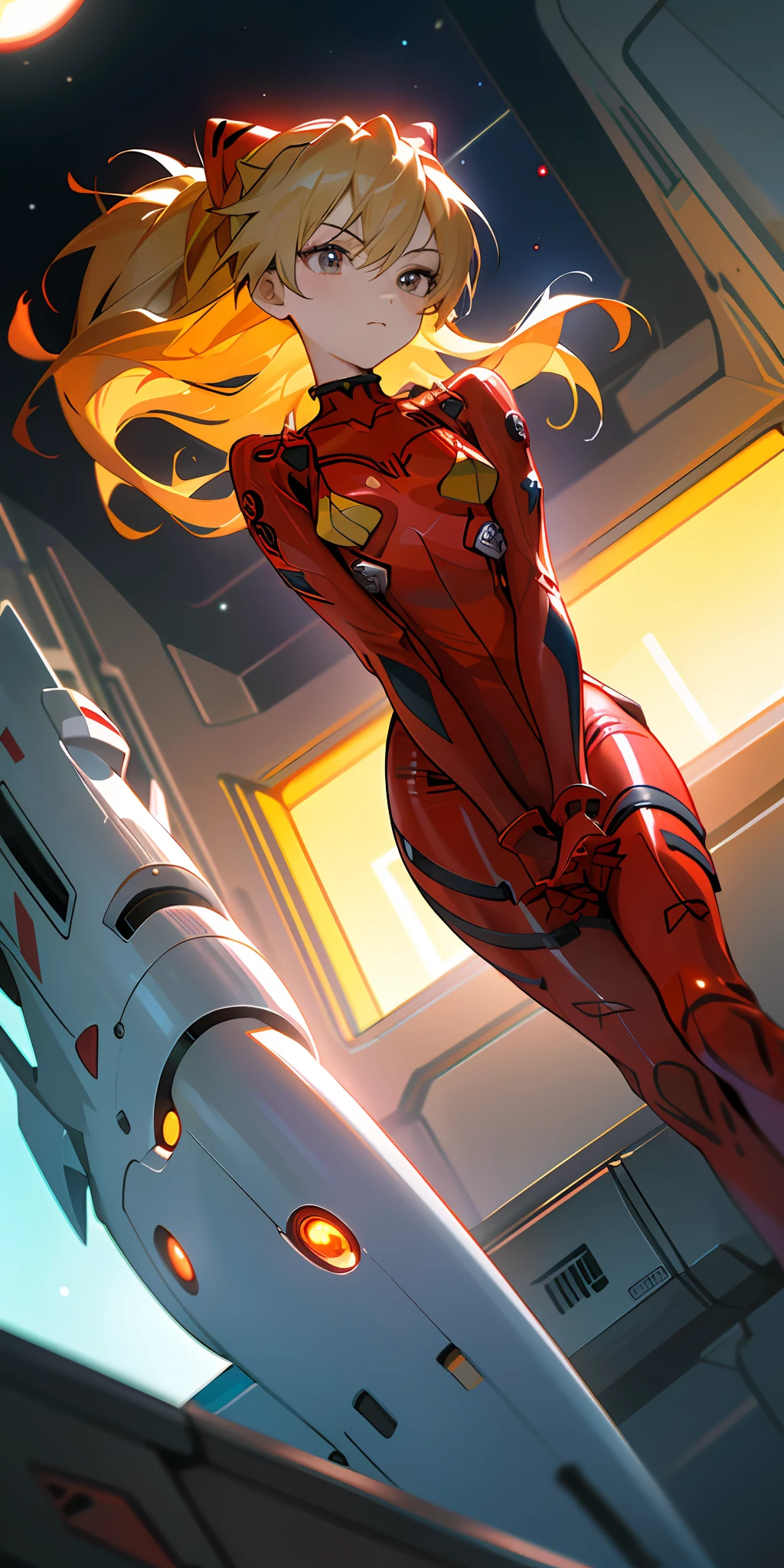 (Overhead view),dynamic angle,ultra-detailed, illustration, close-up, straight on, 1girl, 
 ((souryuu asuka langley, interface headset, red bodysuit:1.4, blonde)),Her eyes shone like dreamy stars,(glowing eyes:1.233),(beautiful and detailed eyes:1.1),(expressionless,closed mouth),(standing), 
(mechanic room with toolsand spaceship windowin a white SPACESHIP),
(night:1.2),dreamy, [[delicate fingers and hands:0.55]::0.85],(detail fingers),