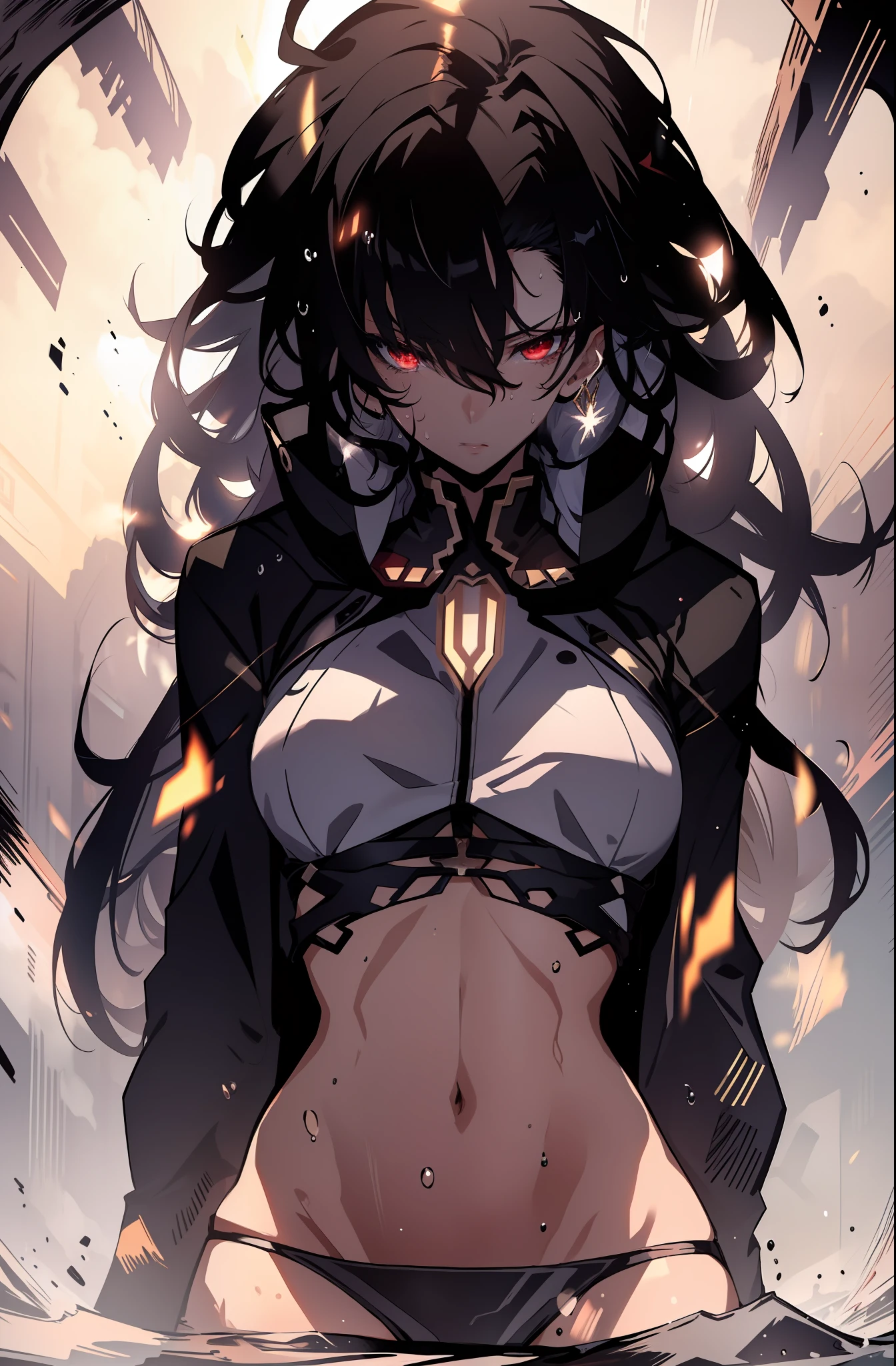 (masterpiece, best quality), intricate details, 8k, artstation, wallpaper, official art, splash art, sharp focus,
1girl, solo, akame, red eyes, black hair, very long hair, hair between eyes,bare houlders,
cropped-fc, underboob, midriff, sweat, sweating,