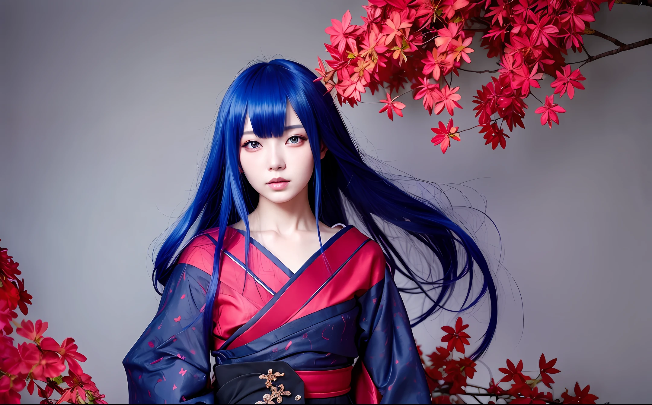 A beautiful Japanese woman with red eyes and blue hair