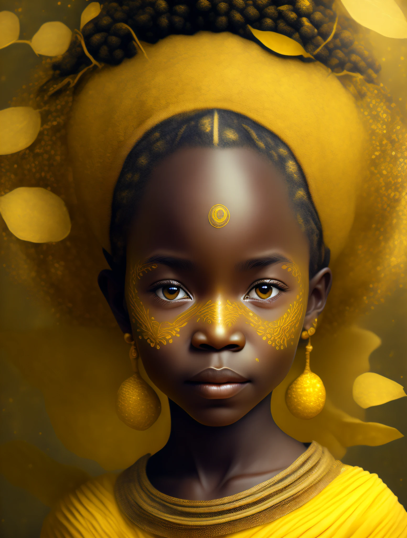 Oxun , the African orisha, goddess of rivers, Yoruba, Yoruba deity, girl's look, sweet girl, sensitive, slight smile, beautiful, props in yellow tones, wearing a detailed and intricate ade, cosmic goddess, cosmic forest, astrophotography