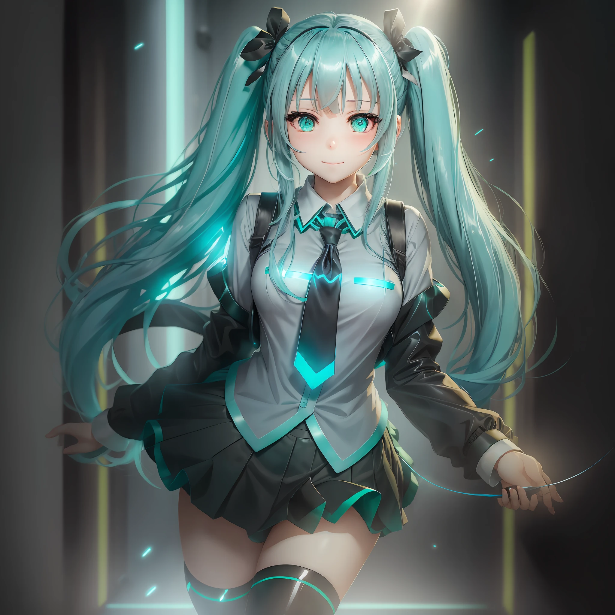 female hands, young girl, short skirt, light blue hair, bangs, twintails, long hair, green eyes, surprise, black skirt, dark grey blouse, green tie, miku hatsune, dilated pupils, latex boots, cinematic lighting, smile, closed mouth, green details on clothing, artwork, best quality --auto --s2