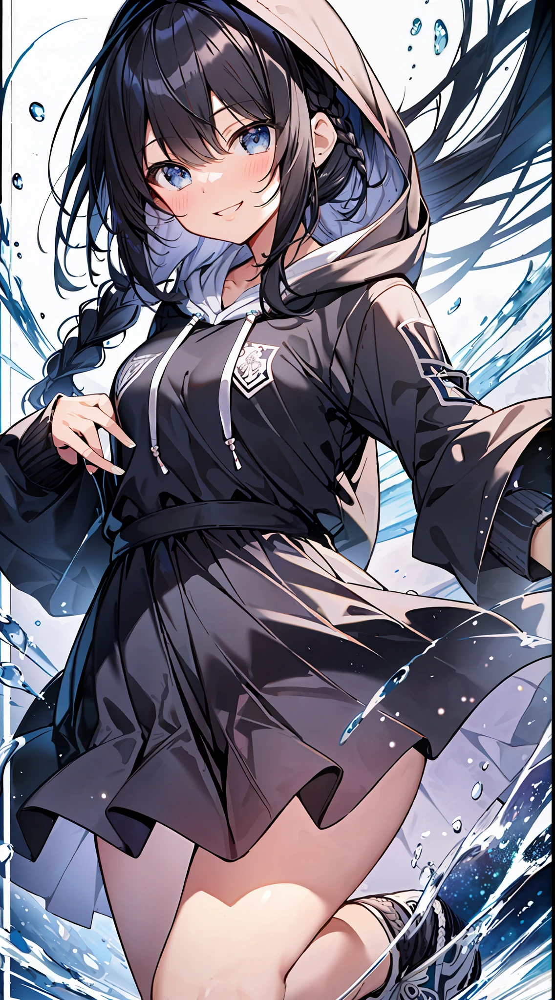 Top Quality, Masterpiece, Ultra High Definition, 8K, Summer Sky, Early Summer, (flared skirt, hoodie with thin hood, sneakers), Shojo Manga Style Loli, One, Soft Line Art, Digital Enhancement, Shojo Manga Touch, Shojo Manga Core, Flowing Fabric, Close Up, (Hair length and short braid to the shoulders)), wet hair, Soft drawing, Beautiful black hair, Clear eyes, (( Teasing smile)), ultra-detailed digital anime art, clear face depiction, ultra-detailed shoujo manga character art, clear facial features, ultra-detailed manga style, top quality colors, hand gestures, landscape with nature, looking up at the sky, angle that can be seen up to the feet