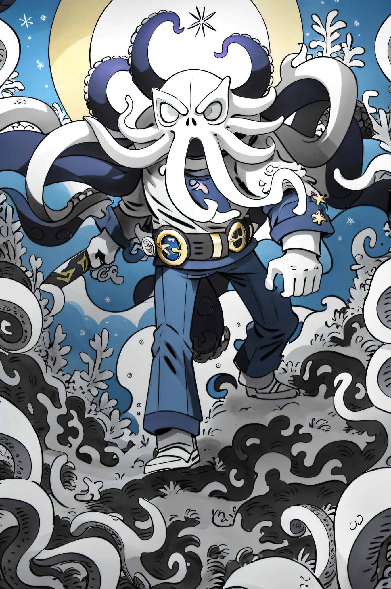 cephalopod, (cephalopod), snow-white tentacles, red and gold sun ring on back, swords held in tentacles, snow-white skin, male, dark-blue and sky-blue armor pants, purple belt, Masterpiece, Best Quality