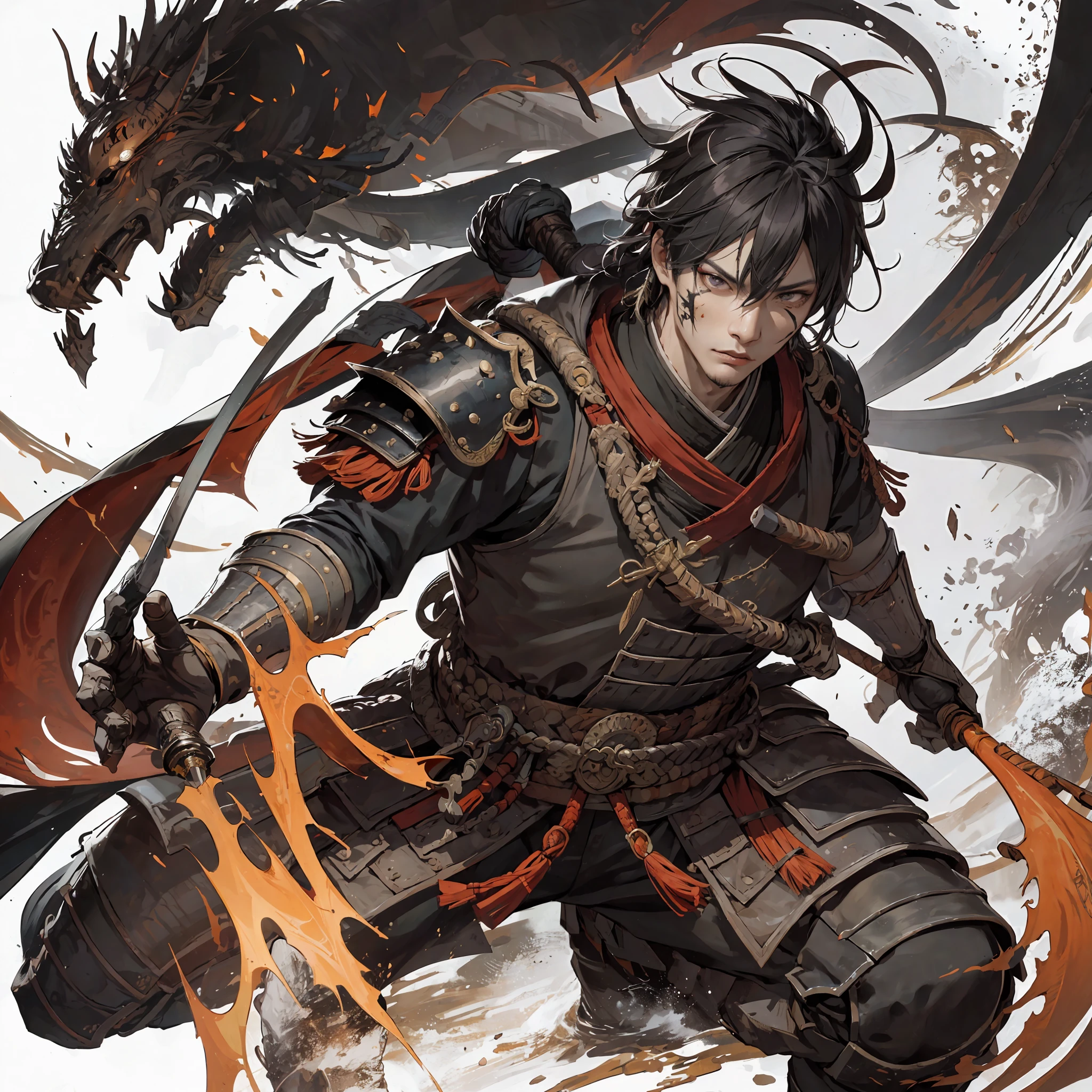 7ft tall, warrior, mixture of samurai armor, mixture of Mongolian armor, mixture of Chinese armor, heavily face scarred, scars, toned muscles, toned body, male, man, badass pose, warrior pose, combat pose, fighting stance, multiple weapons, guan Dao, katanas, bow and arrow, quiver, facial scars, bodily scars, scars from battle, Asian descent, elder scrolls, akavir, soldier, armed, tied up hair, manbun, black hair, young looking, (Masterpiece, Best Quality, Highres:1.4), Detailed, Intricate Details, 4K, color splashes, line art, art, Fibonacci, portrait, elaborate background, head portrait, detailed eyes, detailed face, detailed head, Looks like Jin Sakai, Ghost of Tsushima,