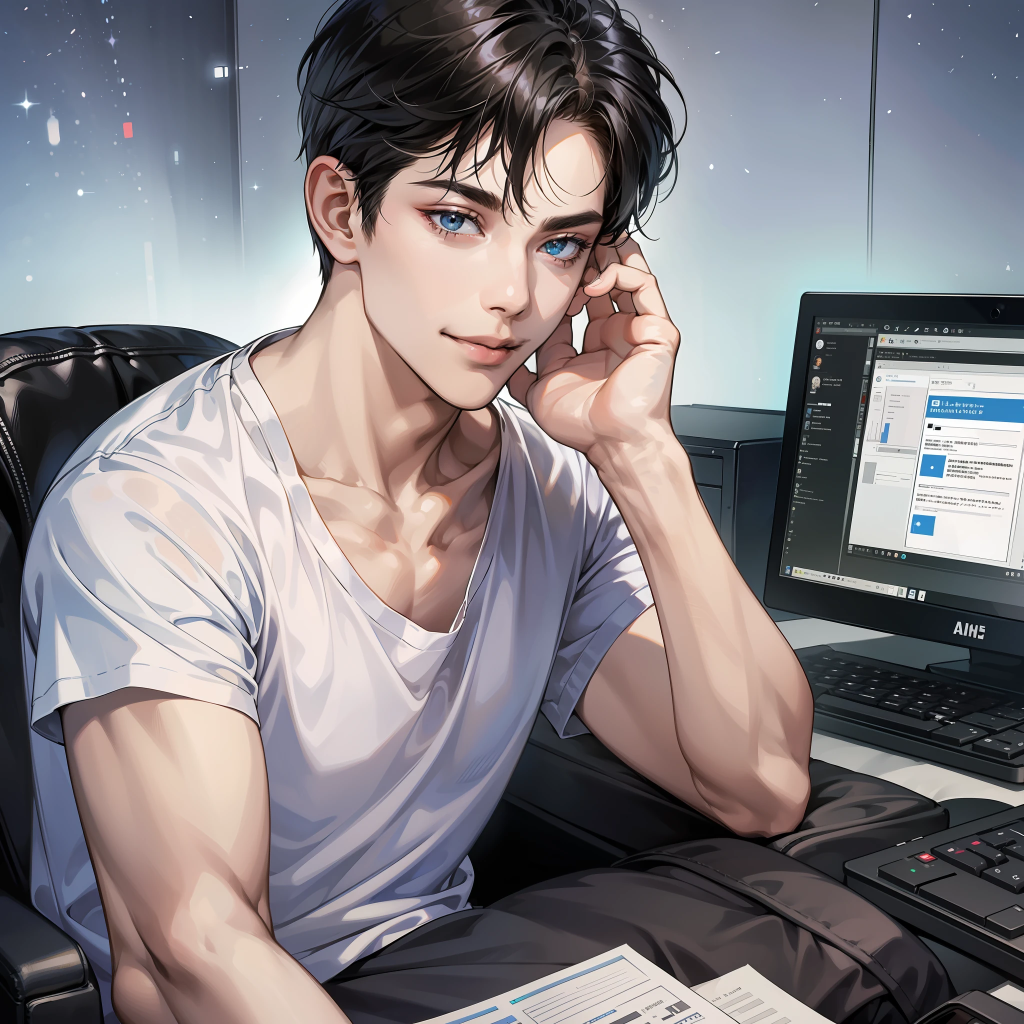 Masterpiece, high quality, best quality, HD, realistic, perfect lighting, detailed body, 1 man, short black hair, white t-shirt, smiling, wearing headphones, sitting, looking at the computer monitor, in the room, at night