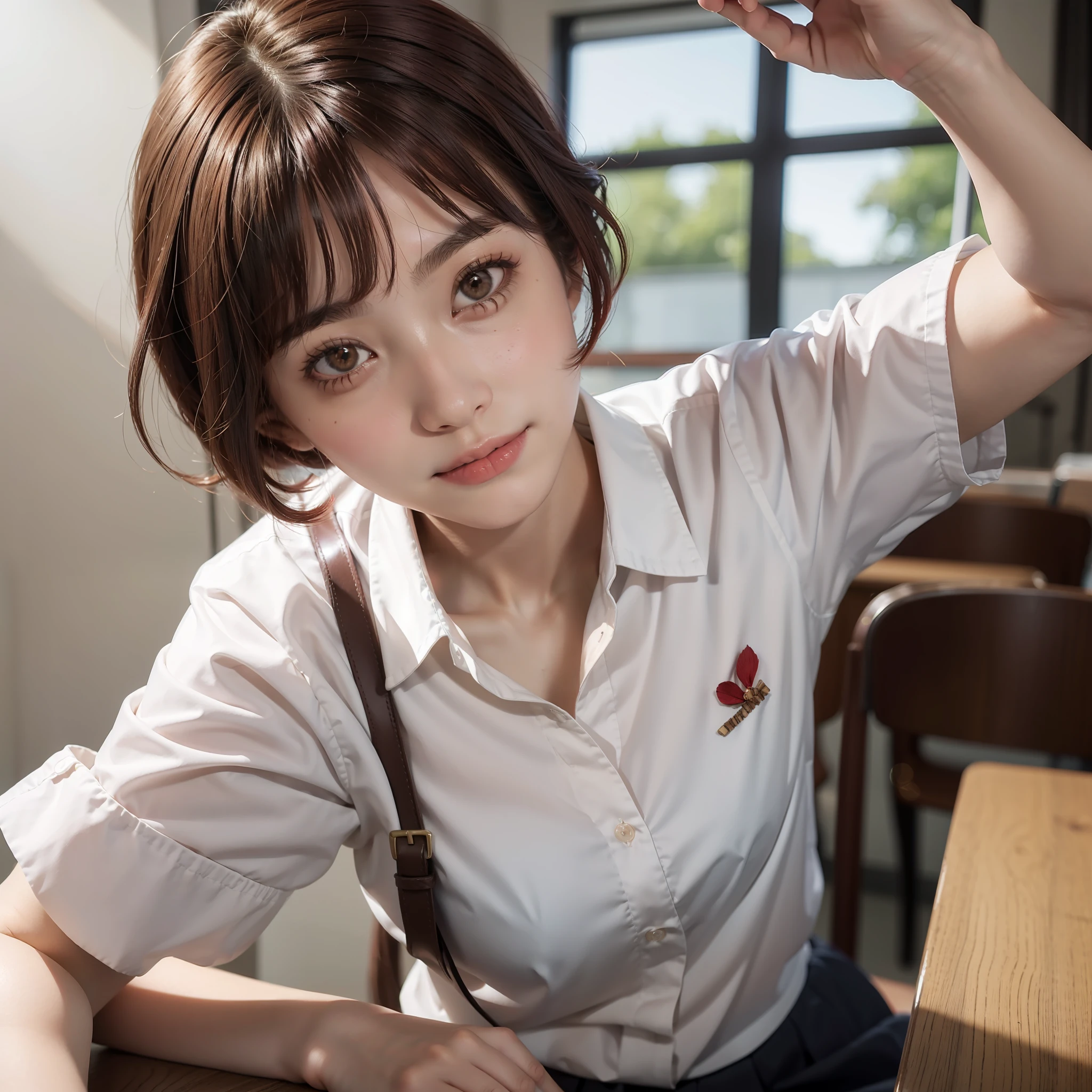 1girl, bangs, brown_eyes, brown_hair, closed_mouth, collared_shirt, hair_ornament, hairclip, iwakura_lain, looking_at_viewer, red_hair, school_uniform, shirt, short_hair, smile, solo, white_shirt, x_hair_ornament