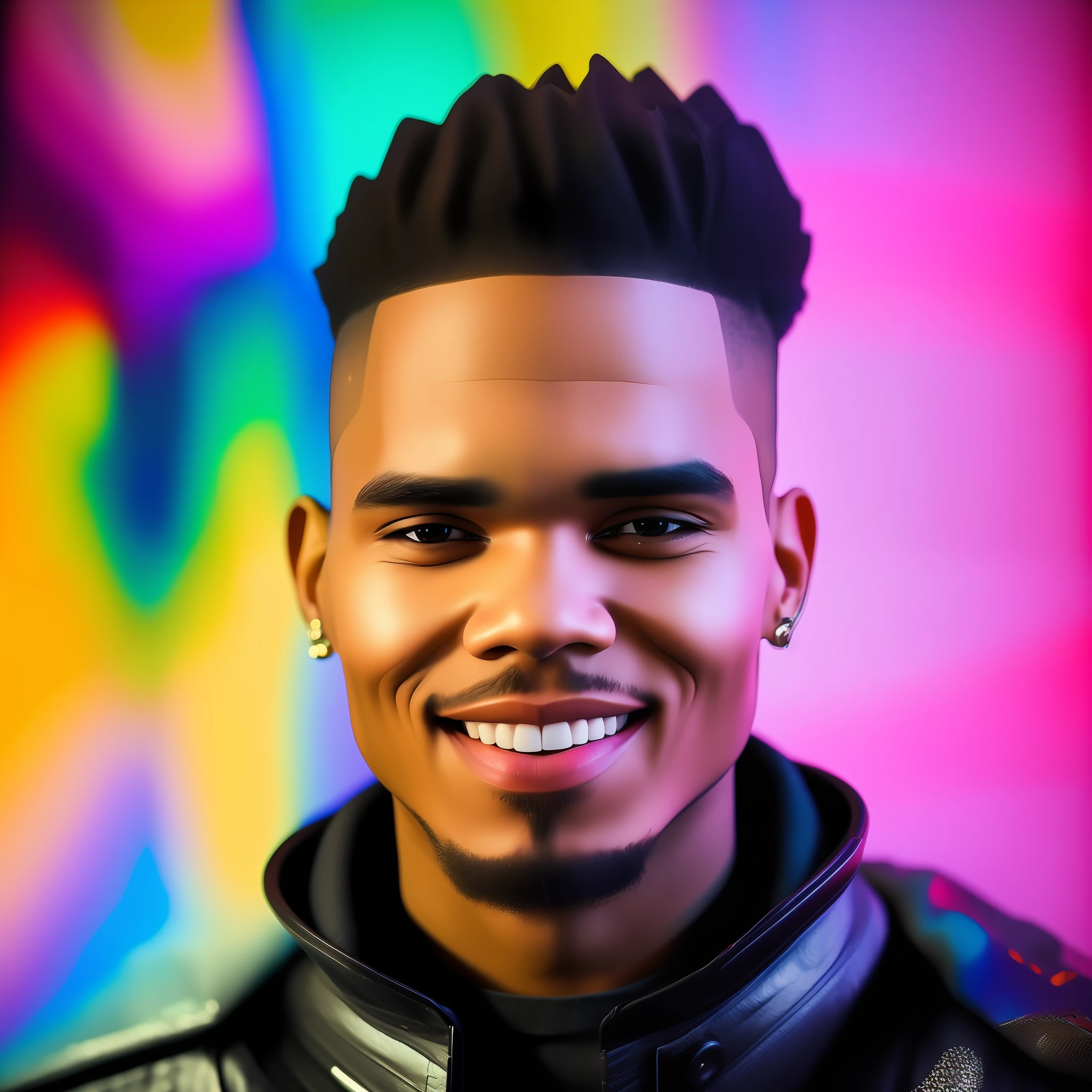 Chris Brown, fat face, bright smile, teeth, realistic portrait, photo in front of a wall with a colorful gradient, Raw simulation style, makes him the focal point of the image. Pay attention to details such as highlights and shadows on the face and hair to create a realistic and realistic image. Try different lighting techniques to enhance the mood and atmosphere of your portrait. ((High Detail Skin, Skin Detail)), Clear Focus, Volumetric Fog, 8K Ultra HD, SLR, High Quality, Film Granules, Fujifilm XT3