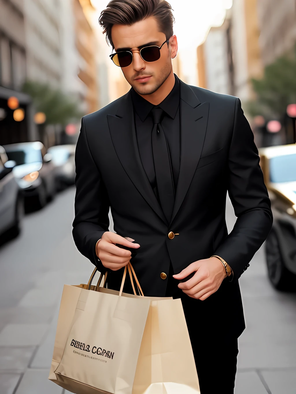 photo of an insanely handsome man, green eyes, short messy windy light brown hair, closeup zoomed in tight crop portrait, walking down a (street on a big city scene people shops cars:1.2) wearing a (sunglasses and a black suit:1.3) (shopping bags on his hand:1.3) (Lighting-Gold:1.2) foreground objects background details (masterpiece:1.2) (photorealistic:1.2) (bokeh:1.2) (best quality) (color grading) (detailed skin:1.3) (intricate) (8k) (HDR) (cinematic lighting:1.3) (sharp focus), messy windy hair