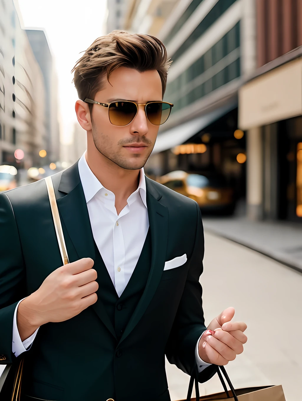 photo of an insanely handsome man, green eyes, short messy windy light brown hair, closeup zoomed in tight crop portrait, walking down a (street on a big city scene people shops cars:1.2) wearing a (sunglasses and a black suit:1.3) (shopping bags on his hand:1.3) (Lighting-Gold:1.2) foreground objects background details (masterpiece:1.2) (photorealistic:1.2) (bokeh:1.2) (best quality) (color grading) (detailed skin:1.3) (intricate) (8k) (HDR) (cinematic lighting:1.3) (sharp focus), messy windy hair