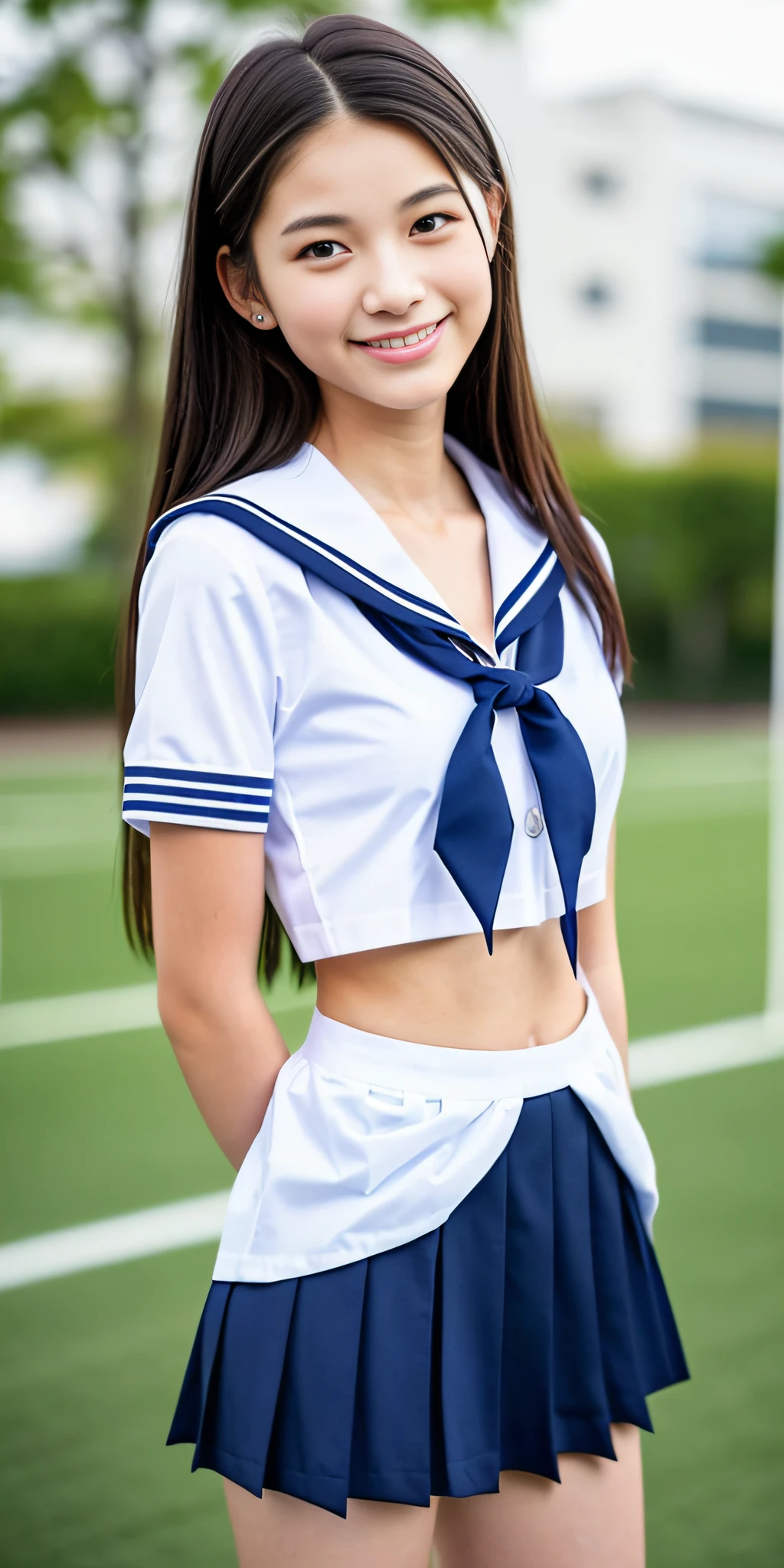 neat college girl, (school uniform, sailor uniform, ribbon tied at chest, summer uniform, upper body white, skirt is dark blue), outside the athletic field, (slim), photorealistic, detail, skin texture, ultra detail, delicate sexy collarbone, smile, super detailed face, detailed lips, detailed eyes, small breasts, small breasts, small, small, flat breasts, breast emphasis