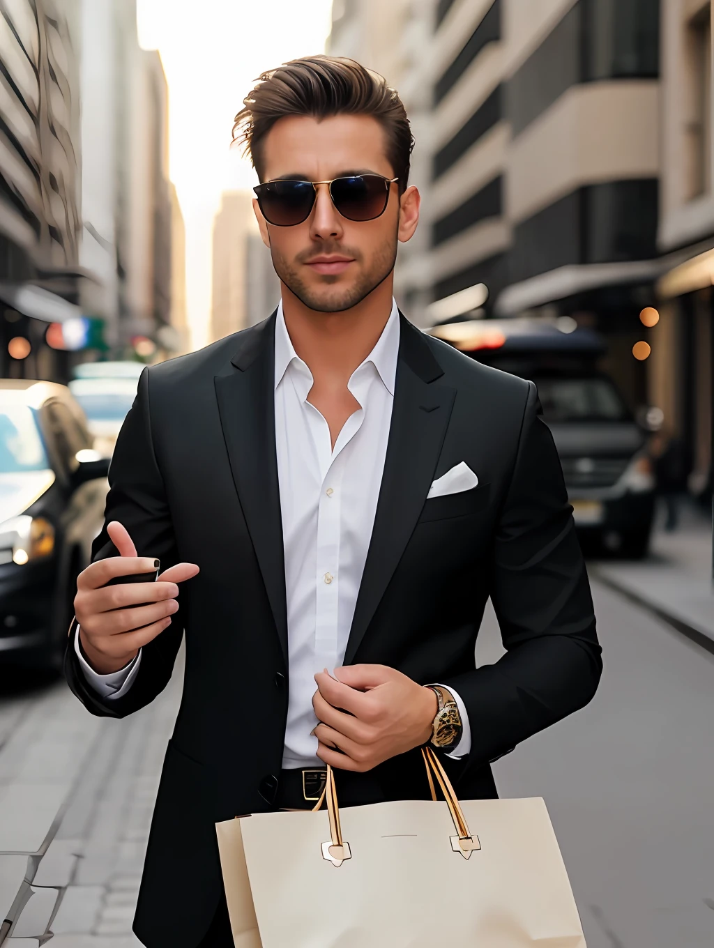 photo of an insanely handsome man, green eyes, short messy windy light brown hair, closeup zoomed in tight crop portrait, walking down a (street on a big city scene people shops cars:1.2) wearing a (sunglasses and a black suit:1.3) (shopping bags on his hand:1.3) (Lighting-Gold:1.2) foreground objects background details (masterpiece:1.2) (photorealistic:1.2) (bokeh:1.2) (best quality) (color grading) (detailed skin:1.3) (intricate) (8k) (HDR) (cinematic lighting:1.3) (sharp focus), messy windy hair