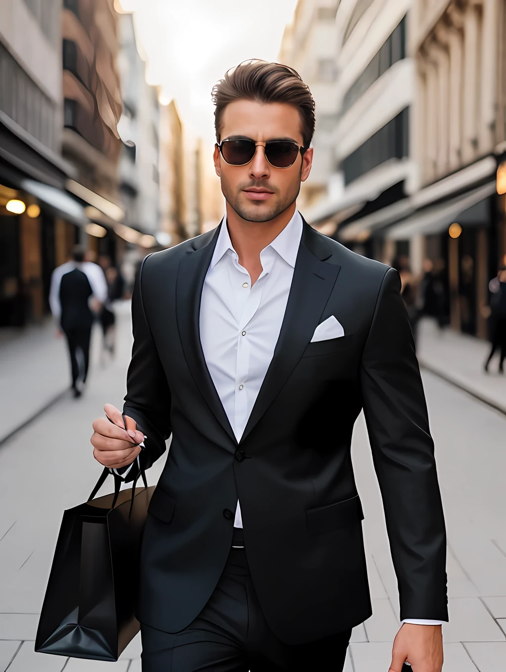 photo of an insanely handsome man, green eyes, short messy windy light brown hair, closeup zoomed in tight crop portrait, walking down a (street on a big city scene people shops cars:1.2) wearing a (sunglasses and a black suit:1.3) (shopping bags on his hand:1.3) (Lighting-Gold:1.2) foreground objects background details (masterpiece:1.2) (photorealistic:1.2) (bokeh:1.2) (best quality) (color grading) (detailed skin:1.3) (intricate) (8k) (HDR) (cinematic lighting:1.3) (sharp focus), messy windy hair