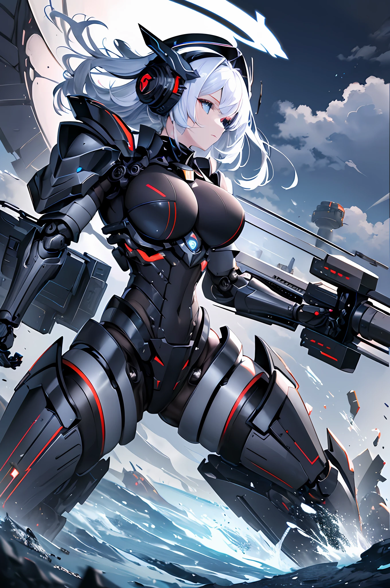 Top quality, masterpiece, highly detailed 8k wallpaper, female robot, mechanical joint limbs, the whole body is covered with heavy mechanical armor, connected cables, tubes connecting the body, long white hair, huge armor on both shoulders, huge thrusters on the hips, open stance, depiction from knees to head, floating mechanical fortress, (Sharp-angled headgear on both sides of the head:1.2), (Mechanical Giant Black Halo: 1.2), backpack weapon, Black Giant Weapon, Black Giant Canon, Black Giant Laser Rifle, Mechanical Nuclear Giant Rifle,