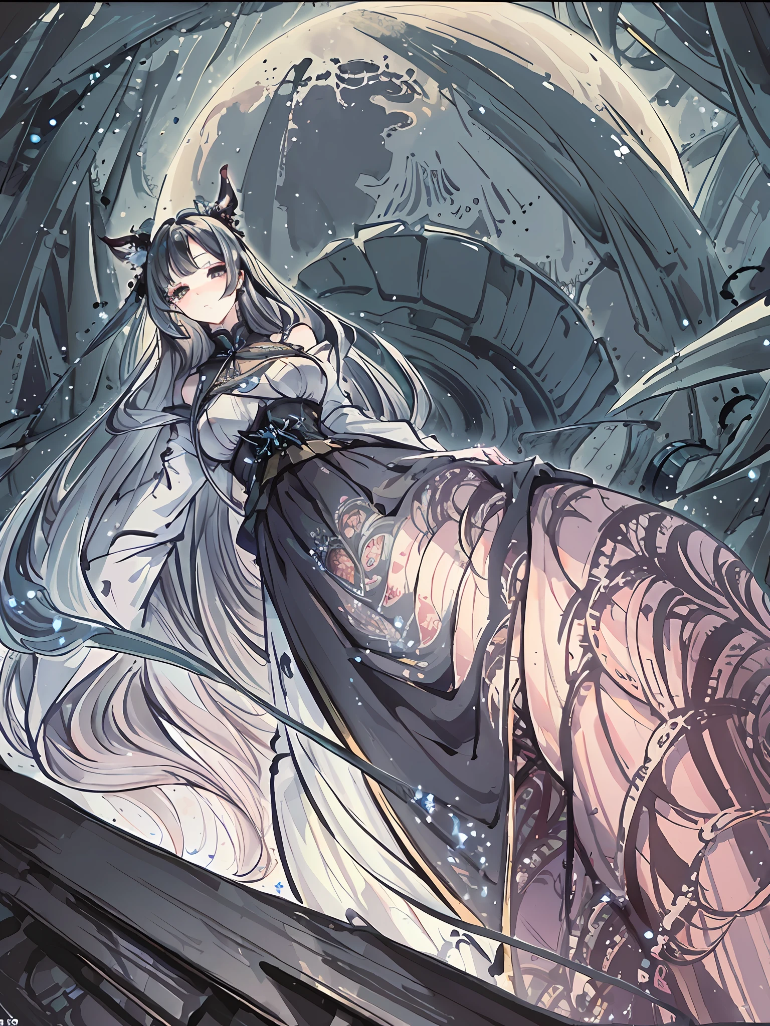 (Masterpiece, Highest Quality, Best Quality, Official Art, Aesthetics :1.2), (1 curvy Girl :1.3, (wide waist:1.2)), (Fractal Art :1.3), Deathlight, angel, full Moon, Clothes with Absurd details, vortex