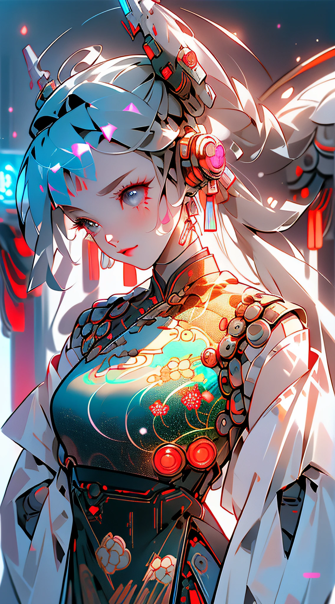 ((Cyberpunk style, robotic arm, holographic aura, surreal sci-fi art, futuristic sci-fi aesthetics)), 1 girl solo, close-up, (beautiful eyes), (ancient Chinese clothes, embroidered pleated skirt, embroidered collar Uesugi, large sleeves, streamers), (hairpins), (hanfu), (clear facial features, detailed skin texture, pretty face), (8k, raw photos, best quality, masterpiece: 1.2), (realistic, photo fidelity: 1.4), (very detailed CG Unity 8k wallpaper), full body, (neon: 1.4)