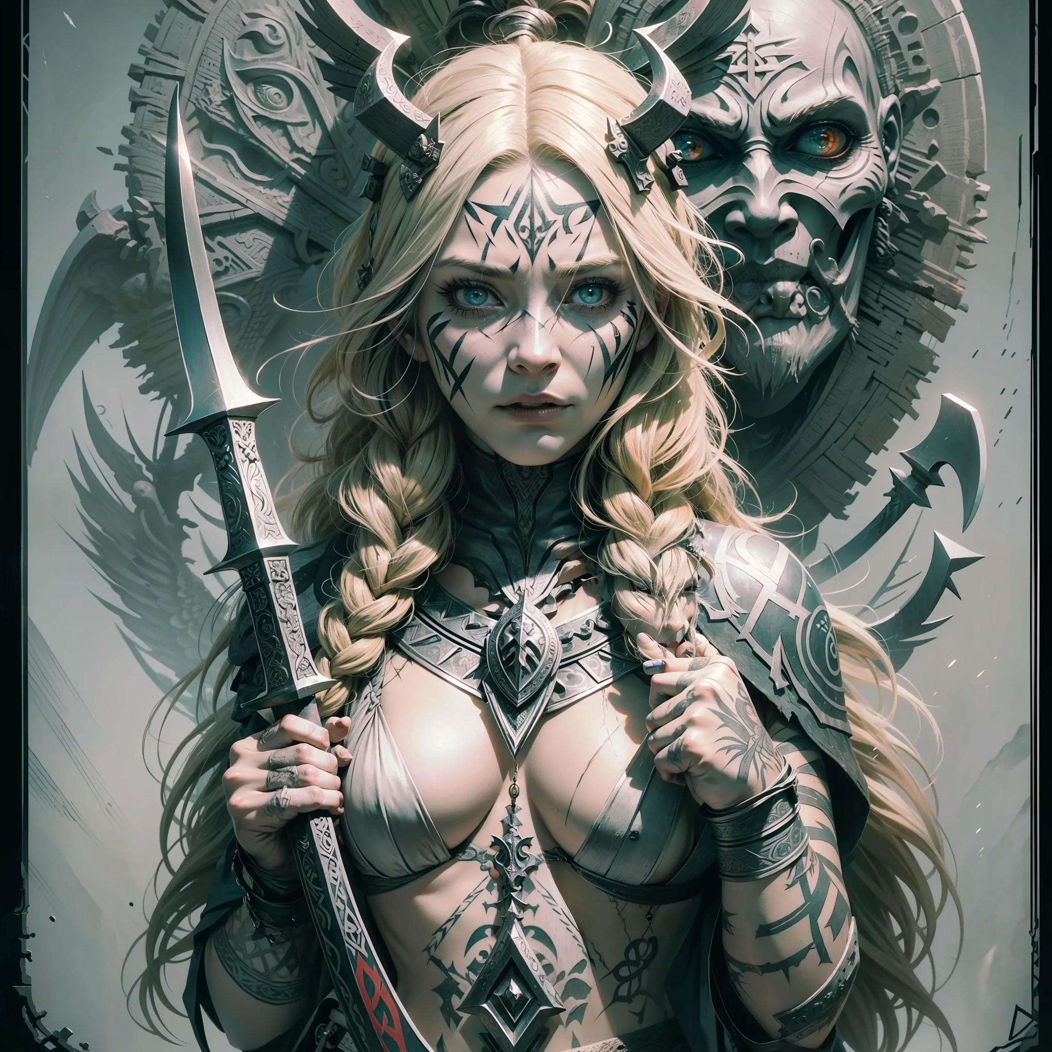 a crucified viking woman,viking face tattoos,charcoal tattoo on face,tattoo on face,anger expression,holding a viking axe,blonde,braided and messy flowing hair,bruised and scratched body,velka,assassins creed valhalla,god of war,vikings,black body behind,dark fantasy,hand drawn,illustration,art nouveau