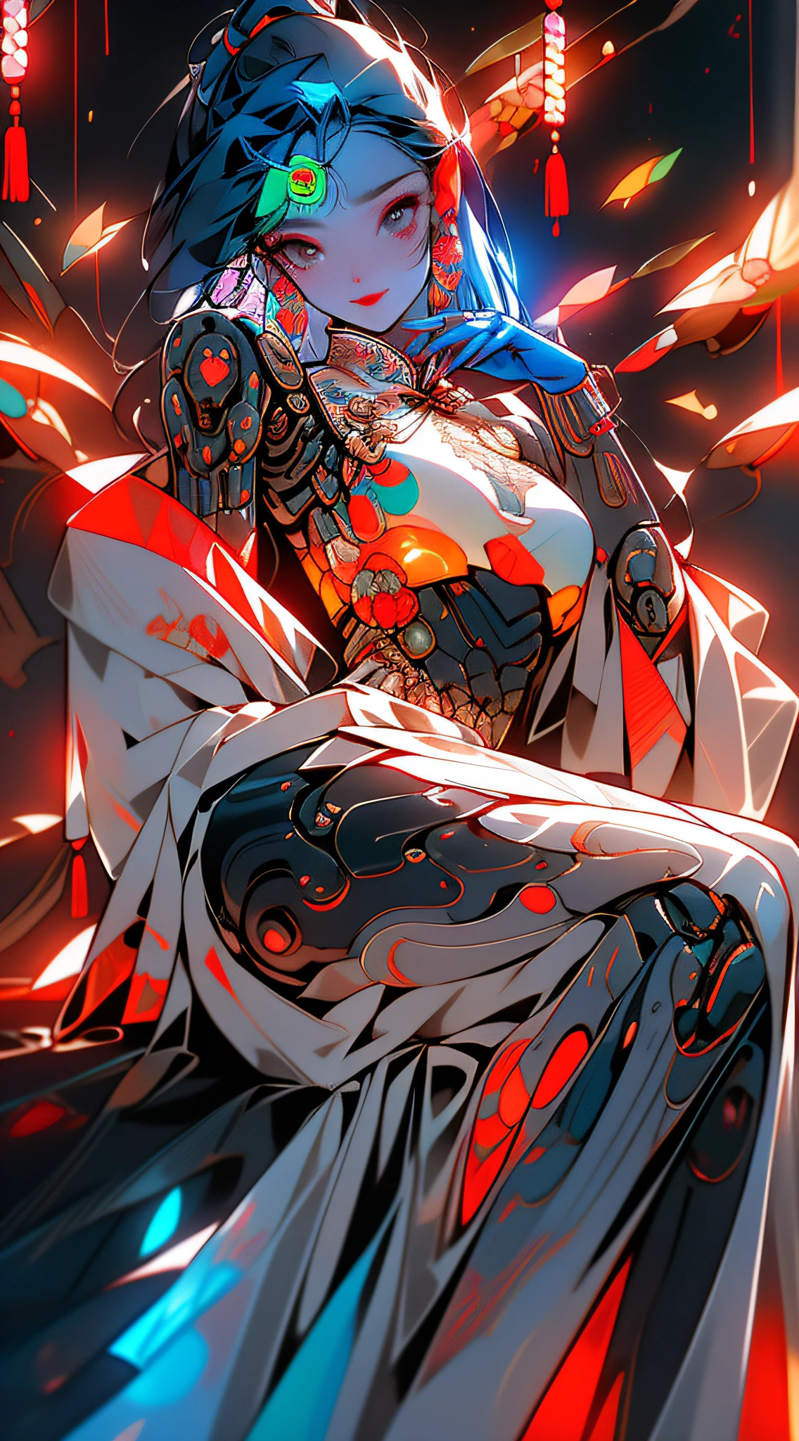 ((Cyberpunk style, robotic arm, holographic aura, surreal sci-fi art, futuristic sci-fi aesthetics)), 1 girl solo, close-up, (beautiful eyes), (ancient Chinese clothes, embroidered pleated skirt, embroidered collar Uesugi, large sleeves, streamers), (hairpins), (hanfu), (clear facial features, detailed skin texture, pretty face), (8k, raw photos, best quality, masterpiece: 1.2), (realistic, photo fidelity: 1.4), (very detailed CG Unity 8k wallpaper), full body, (neon: 1.4)