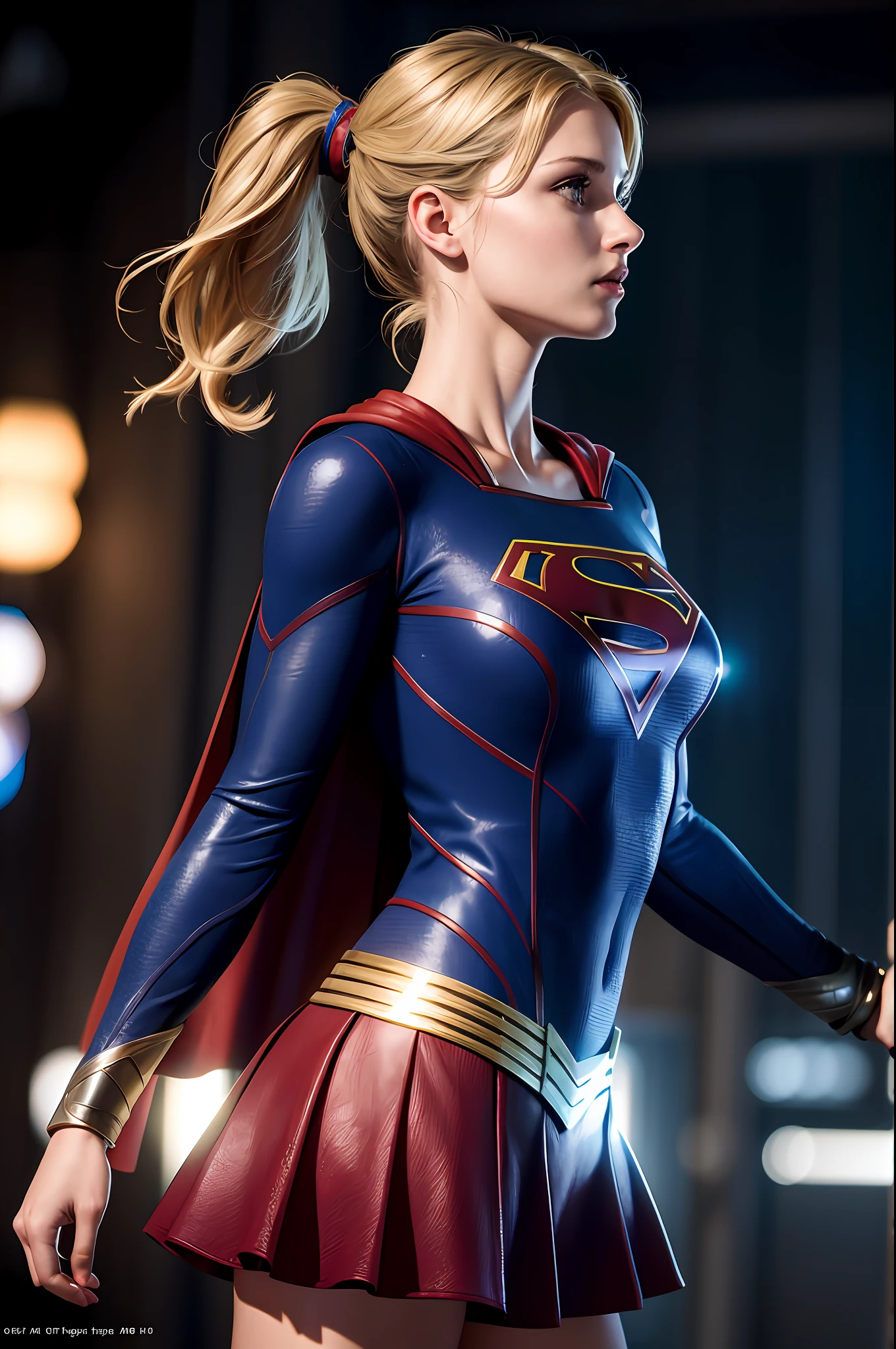 side view, masterpiece, 1girl, a woman, supergirl, neckline, highly detailed skin texture, 8k, bright lighting, facial lighting, (extremely detailed 8k wallpaper from CG unit), trend in ArtStation, trend in CGSociety, high detail, sharp focus, dramatic, beautiful background, full footage, high quality, (beautiful face), blue eyes, (detailed face), beautiful hands, sexy