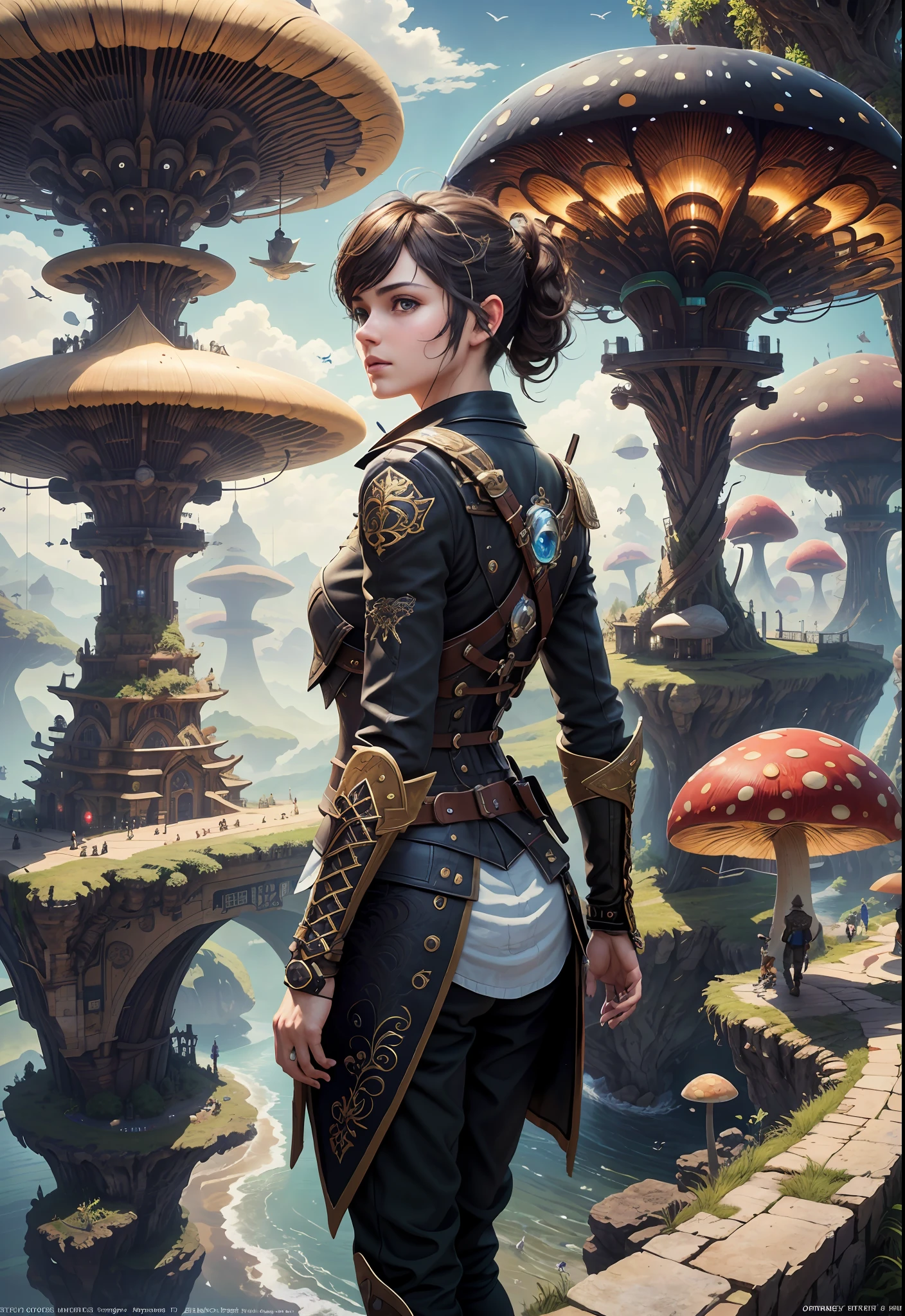 (((Multiplayer, Man and Woman))), Best Quality, Realistic, Realistic, Award-Winning Illustrations, (Intricate Details: 1.2), (Fine Details), (Intricate Details), (Cinematic Light, Best Quality Backlight), Clear Lines, Sharp Focus, Official Art, Unity 8k Wallpaper, Ridiculous, Incredibly Ridiculous, Fantasy Art, RTX, ((Award-winning Triangle Studio Close-up Photo)), 1 Boy, (Shut Up), Best Quality, 4K, beautiful mysterious creatures, male, flying, surrealism, masterpiece of NCWINTERS, in mysterious country town, masterpiece, intricate details, ff14style, urban painting, bridge, river, giant mushroom, landscape, bright colors,