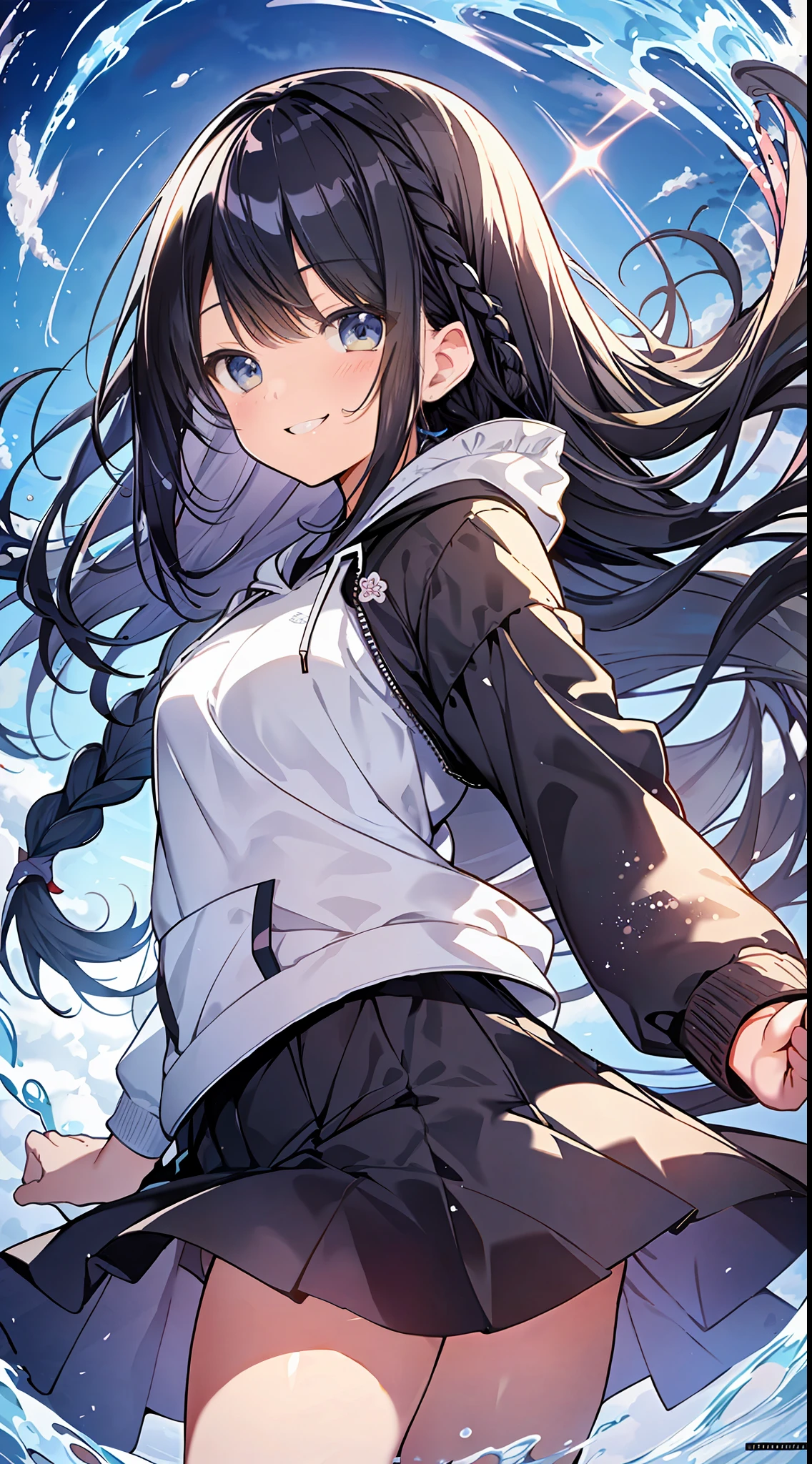 Top Quality, Masterpiece, Ultra High Definition, 8K, Summer Sky, Early Summer, (flared skirt, hoodie with thin hood, sneakers), Shojo Manga Style , One, Soft Line Art, Digital Enhancement, Shojo Manga Touch, Shojo Manga Core, Flowing Fabric, Close Up, (Hair length and short braid to the shoulders)), wet hair, Soft drawing, Beautiful black hair, Clear eyes, (( Teasing smile)), ultra-detailed digital anime art, clear face depiction, ultra-detailed shoujo manga character art, clear facial features, ultra-detailed manga style, top quality colors, hand gestures, landscape with nature, looking up at the sky, angle that can be seen up to the feet