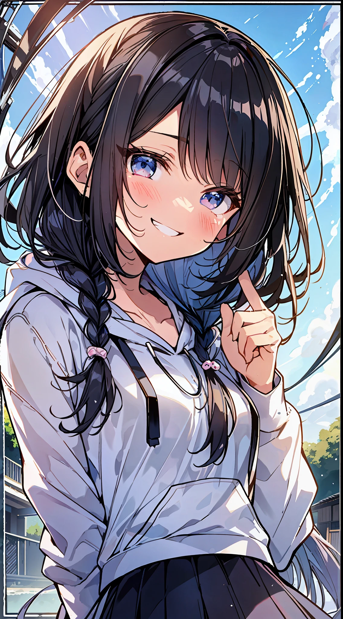 Top Quality, Masterpiece, Ultra High Definition, 8K, Summer Sky, Early Summer, (flared skirt, hoodie with thin hood, sneakers), Shojo Manga Style Loli, One, Soft Line Art, Digital Enhancement, Shojo Manga Touch, Shojo Manga Core, Flowing Fabric, Close Up, (Hair length and short braid to the shoulders)), wet hair, Soft drawing, Beautiful black hair, Clear eyes, (( Teasing smile)), ultra-detailed digital anime art, clear face depiction, ultra-detailed shoujo manga character art, clear facial features, ultra-detailed manga style, top quality colors, hand gestures, landscape with nature, looking up at the sky, angle that can be seen up to the feet