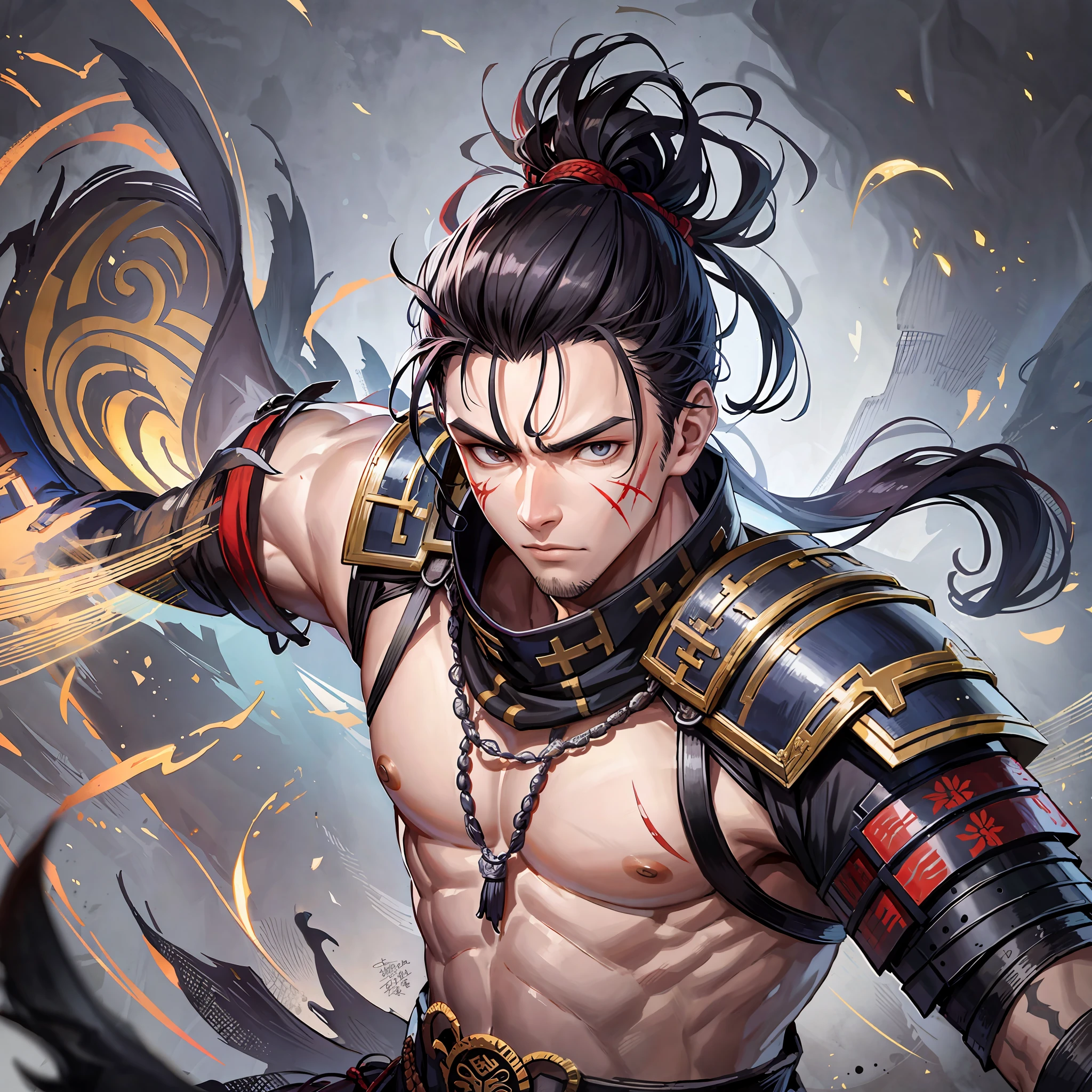 7ft tall, warrior, mixture of samurai armor, mixture of Mongolian armor, mixture of Chinese armor, heavily face scarred, scars, toned muscles, toned body, male, man, badass pose, warrior pose, combat pose, fighting stance, multiple weapons, guan Dao, katanas, bow and arrow, quiver, facial scars, bodily scars, scars from battle, Asian descent, elder scrolls, akavir, soldier, armed, tied up hair, manbun, black hair, young looking, (Masterpiece, Best Quality, Highres:1.4), Detailed, Intricate Details, 4K, color splashes, line art, art, Fibonacci, portrait, elaborate background, head portrait, detailed eyes, detailed face, detailed head, Looks like Jin Sakai, Ghost of Tsushima,