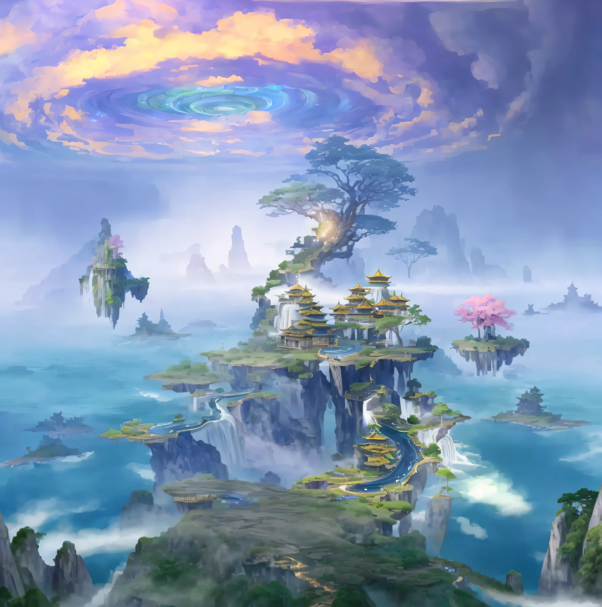 Many islands suspended in the air, huge trees, sky vortexes, martial arts, ancient Chinese architecture, waterfalls, fantasy, wonderland, growing magical plants, shrouded in mist, extreme detail, realistic light, epic composition, (intricate details), (super detail: 1.2), art station, (masterpiece, best quality, super HD), 32k --v 6