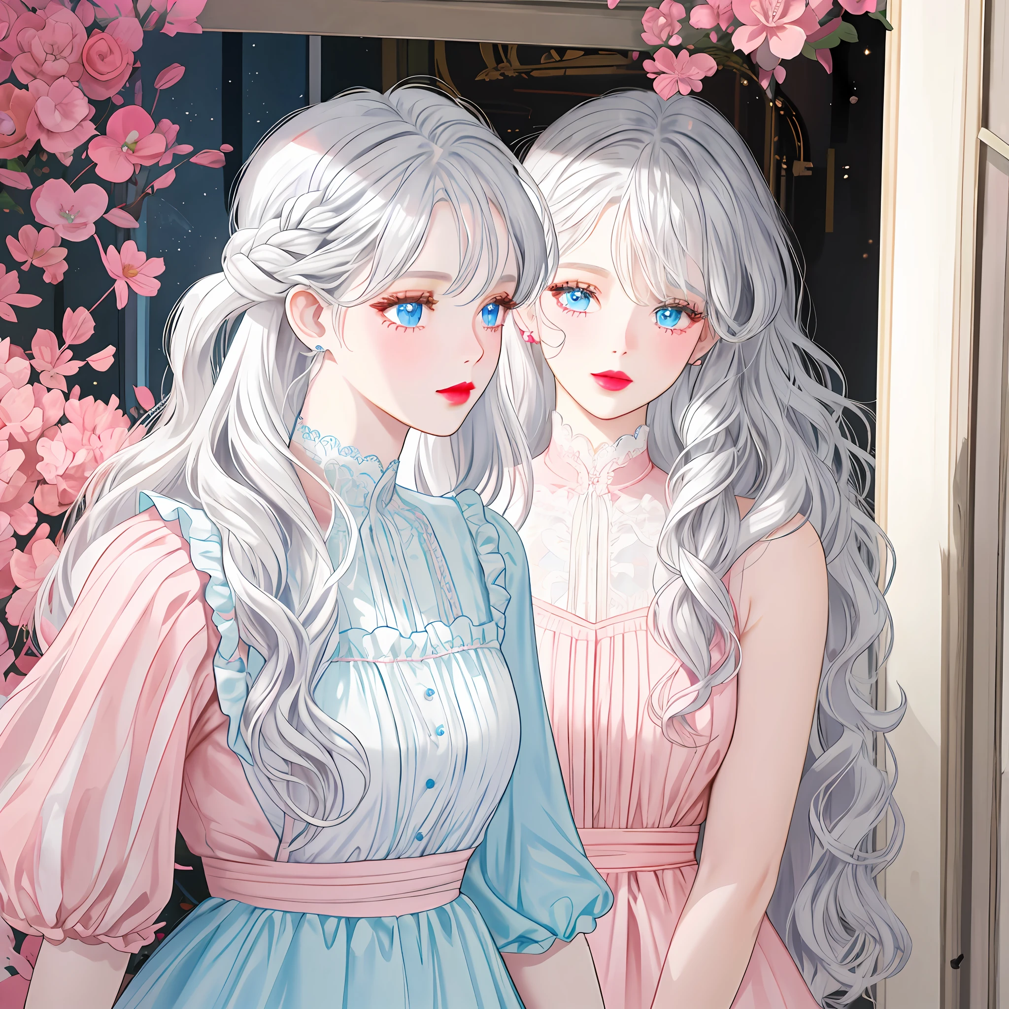 a close-up of a person holding an ice cream cone, sweet girl, woman with wavy silver hair, bangs, light blue eyes, red lips, tender pink dress, white blouse,