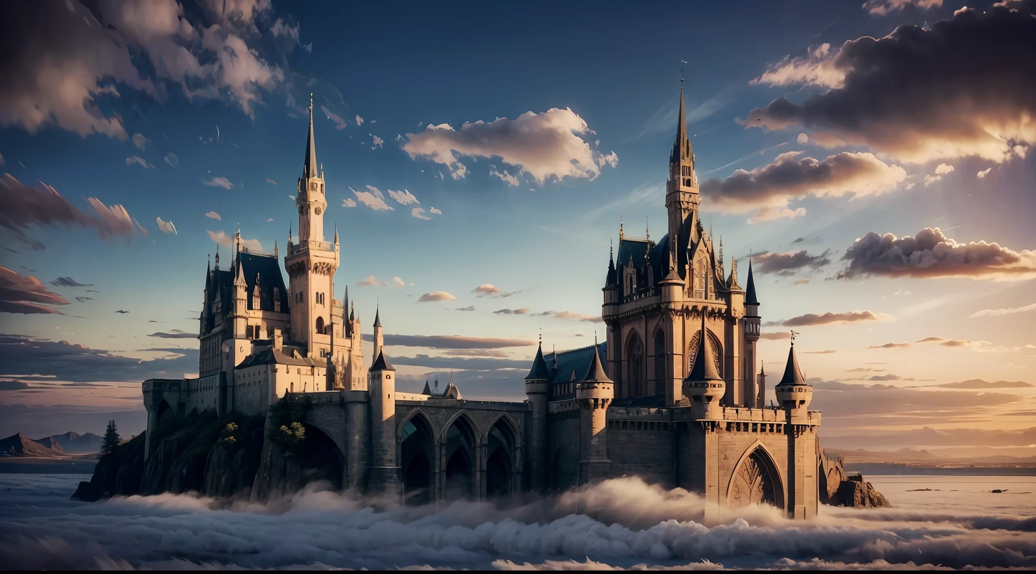 4k, 8k, masterpiece, sharp focus, best quality, cinematlicilghting, Epic floating castle, with gothic architecture and a fantasy, magical atmosphere. The castle is suspended in the clouds creating a dreamy and majestic scene.