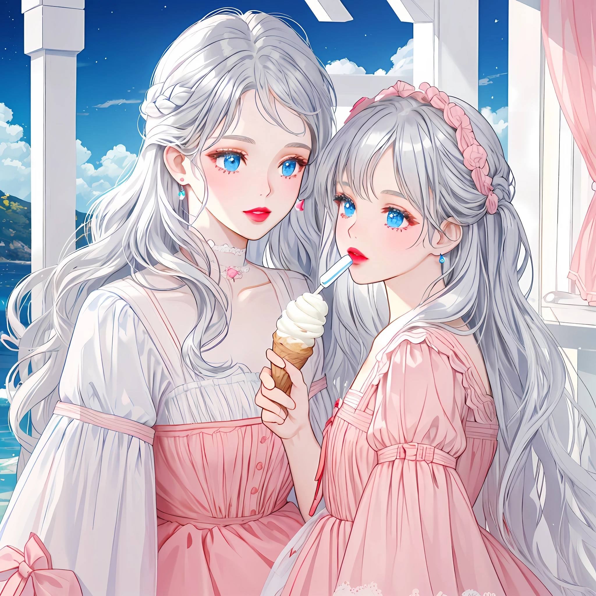 a close-up of a person holding an ice cream cone, sweet girl, woman with wavy silver hair, bangs, light blue eyes, red lips, tender pink dress, white blouse,