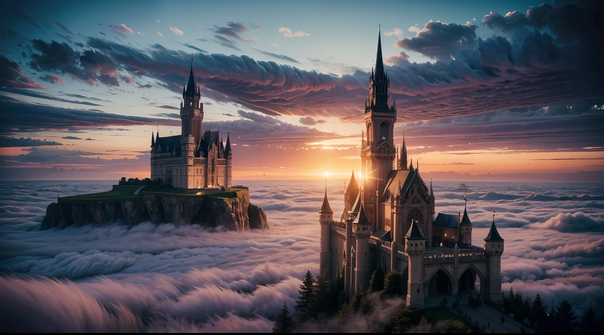 4k, 8k, masterpiece, sharp focus, best quality, cinematlicilghting, Epic floating castle, with gothic architecture and a fantasy, magical atmosphere. The castle is suspended in the clouds creating a dreamy and majestic scene.