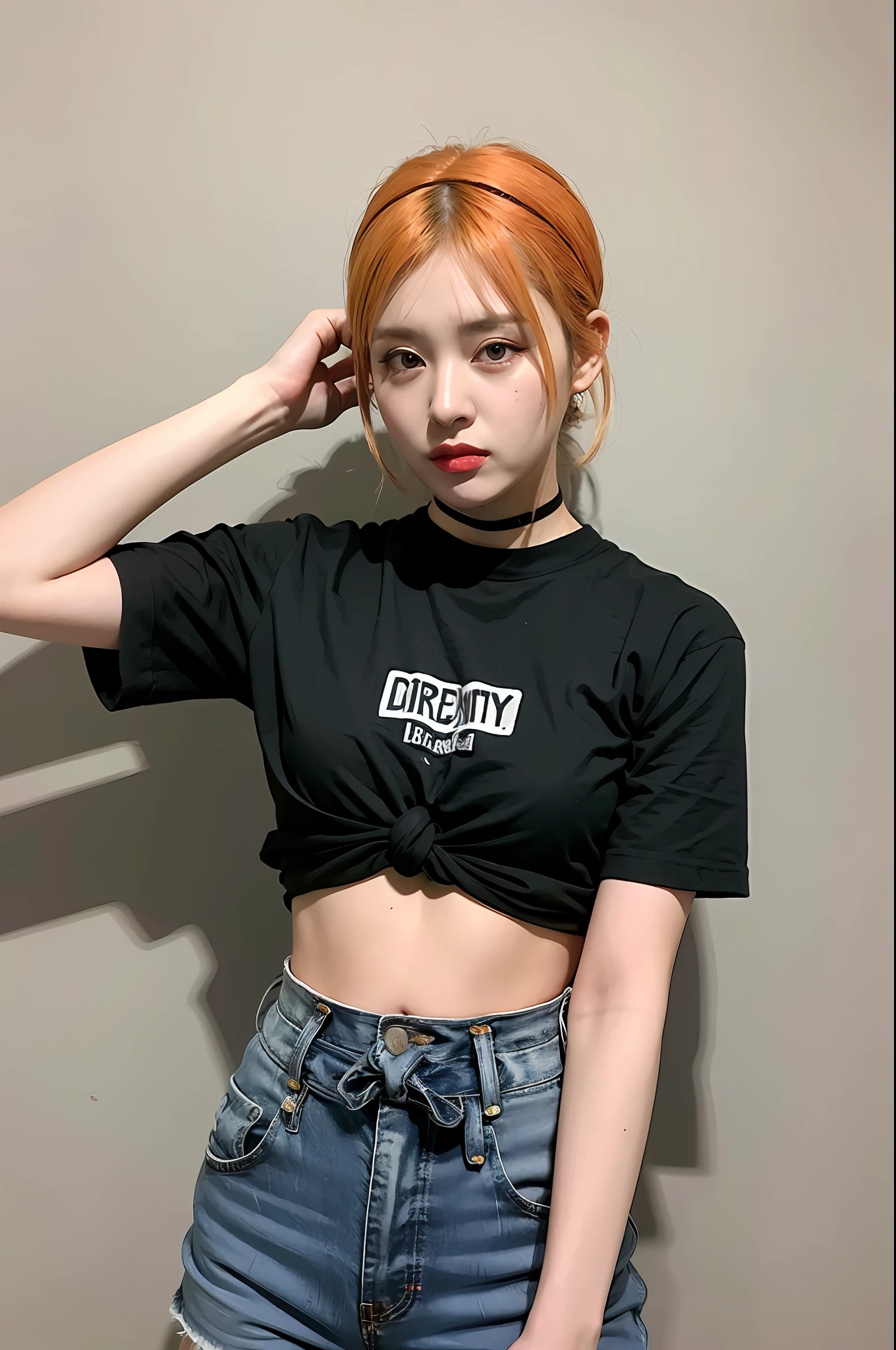 (8k:1.27), best quality, masterpiece, ultra highres:1.2), arrested lesbian goth delinquent girl with arm tattoos, tattooed girl, full body picture, orange oversized knotted prisoner t-shirt with black letters, short big sleeves, orange inmate prison uniform, dyed green hair, dyed blonde hair, short bob hairstyle, high ponytail, hair bangs, in a prison cell, handcuffed, hands tied with rope behind body, submissive neck choker, 4k or 8k picture, looking sad, paisley bandana ribbon hairband, nose septum piercing, wearing dirty old clothes, smelly