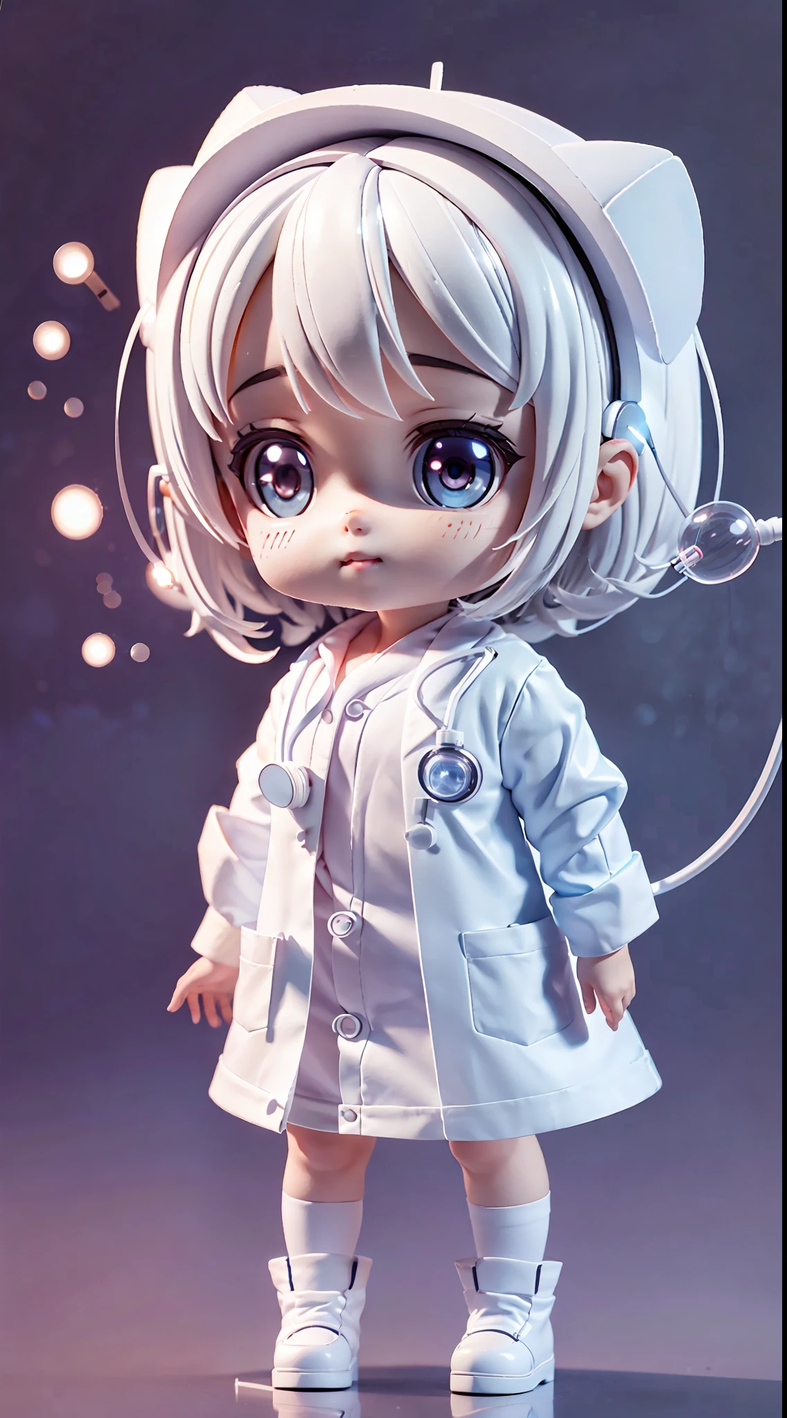 Super cute girl full body 3d picture, 1 pcs, good looking eyes, big eyes, cute, happy, c4d, pop matt blind box, white short hair, toy, solid color background, chibi, fluorescent translucency, luminescence, kawaii, doll, ((((scientist, white lab coat))), reference table, pop mart blind box, Pixar, complex details, 3d rendering, blender, OC renderer, fol body reference sheet, dribble, high details, 8k, studio lighting, loli, tite, ld, chibandard definition characters: 1.1,