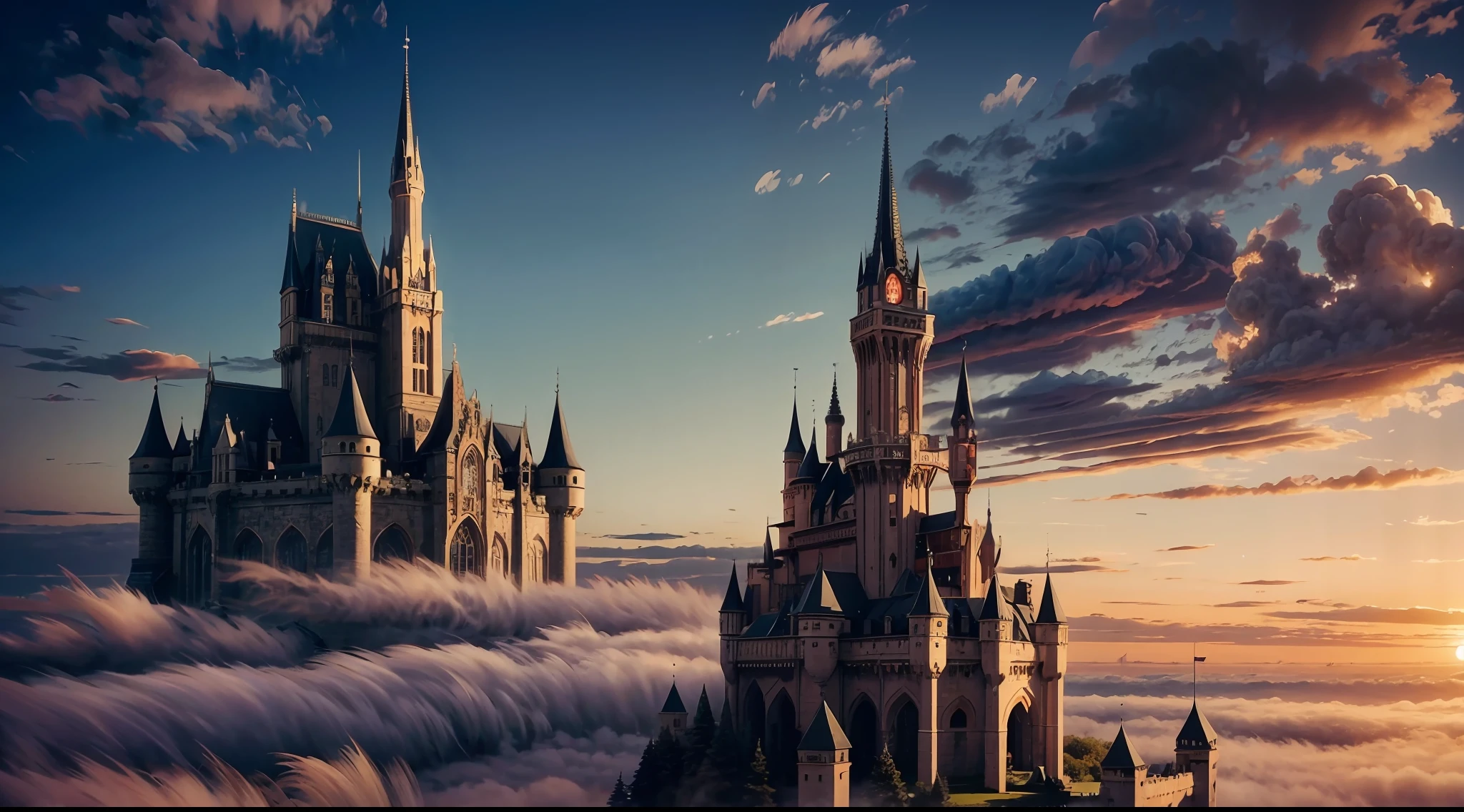 4k, 8k, masterpiece, sharp focus, best quality, cinematlicilghting, Epic floating castle, with gothic architecture and a fantasy, magical atmosphere. The castle is suspended in the clouds creating a dreamy and majestic scene.