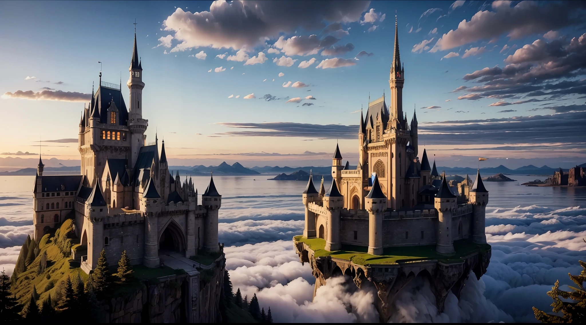 4k, 8k, masterpiece, sharp focus, best quality, cinematlicilghting, Epic floating castle, with gothic architecture and a fantasy, magical atmosphere. The castle is suspended in the clouds creating a dreamy and majestic scene.