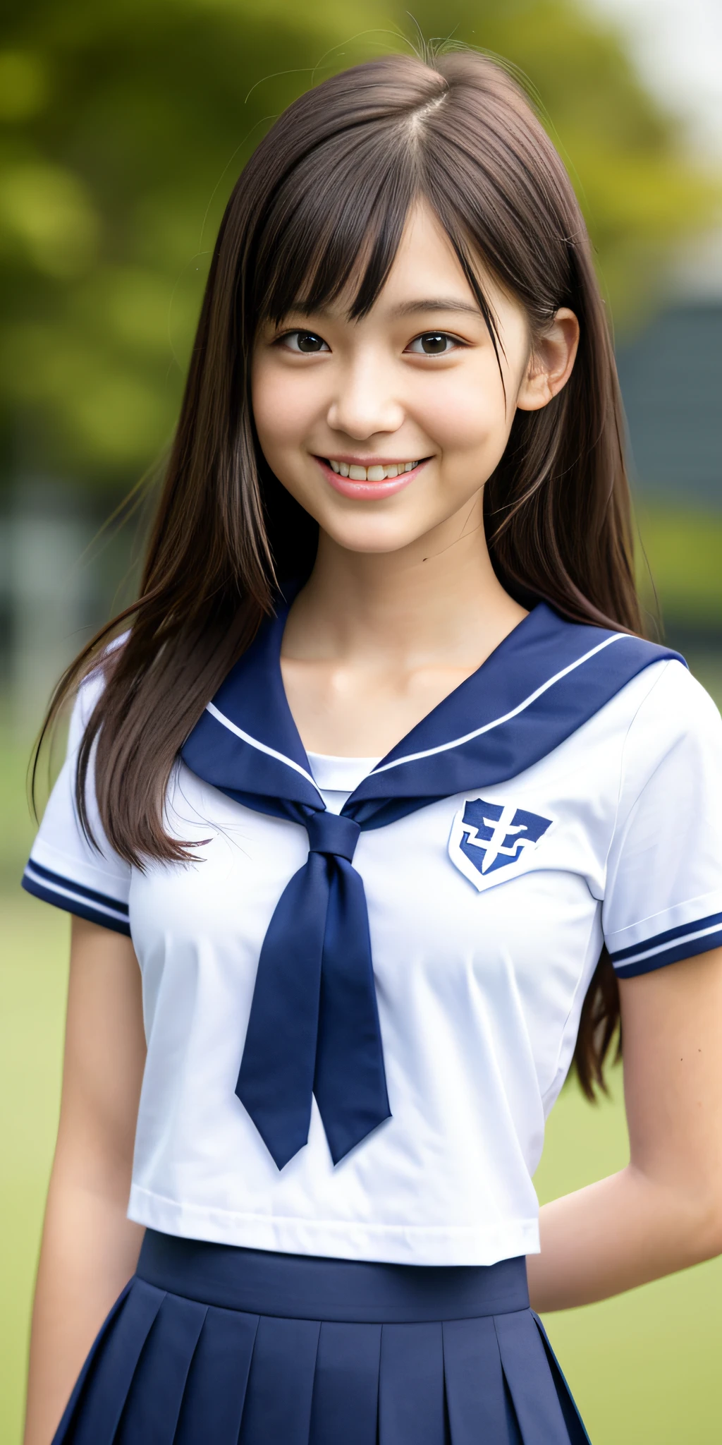 neat college girl, (school uniform, sailor uniform, ribbon tied at chest, summer clothes, upper body white, skirt dark blue, short sleeves), outside the athletic field, (slim), photorealistic, detail, skin texture, ultra detail, delicate and sexy collarbone, smile, super detailed face, detailed lips, detailed eyes, double eyelids, small breasts, small breasts, small, flat breasts, breast emphasis