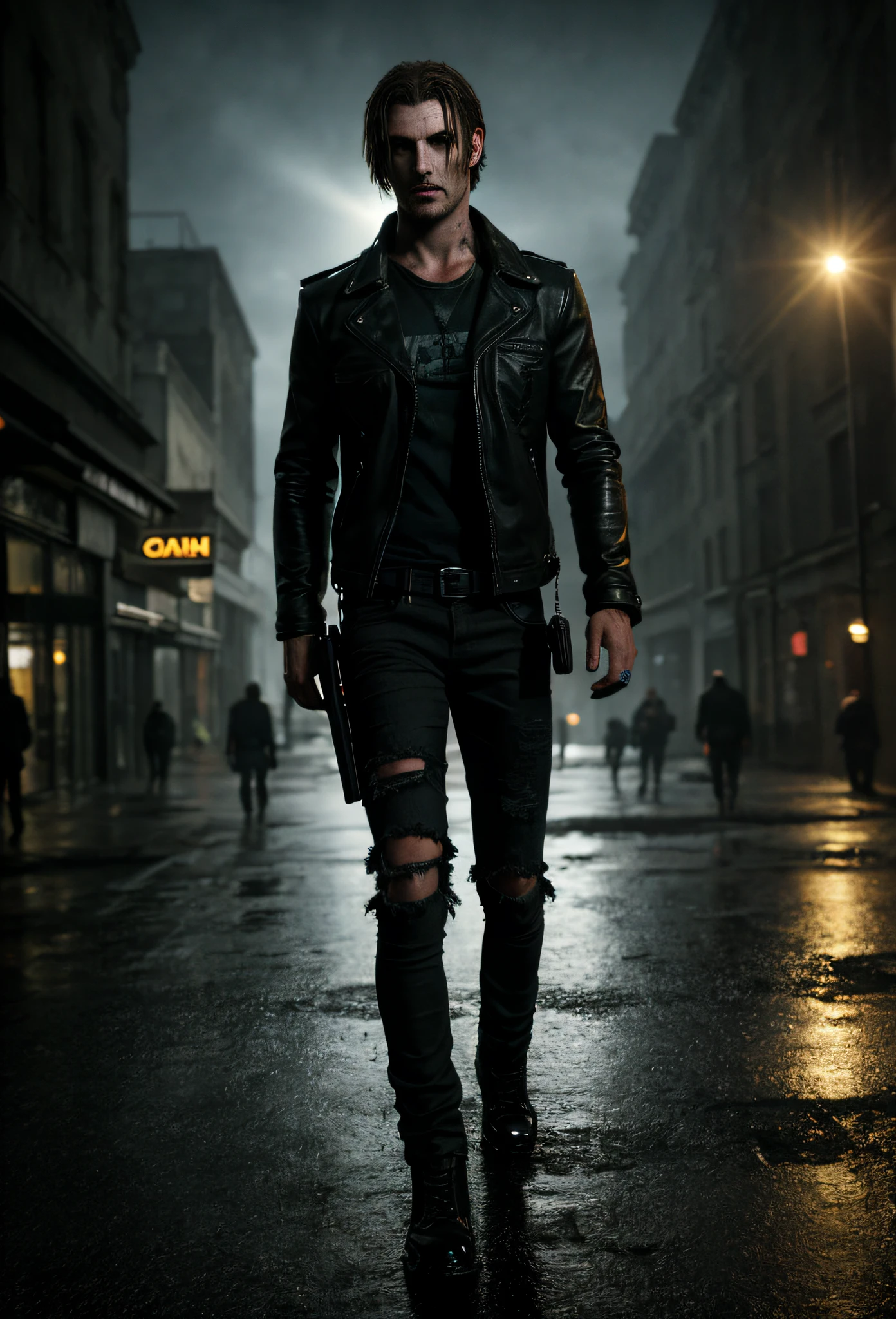 character Leon resident evil, with black leather coat, ripped jeans, walking armed, with black hair scattered and wet, ((full body)),((perfect face)), dark place in city center of raccon city of night destroyed with zombies in the background, Social realism, Realism, ray tracing, reflection light, high quality, high details, super detail, 8k, 16k, best quality