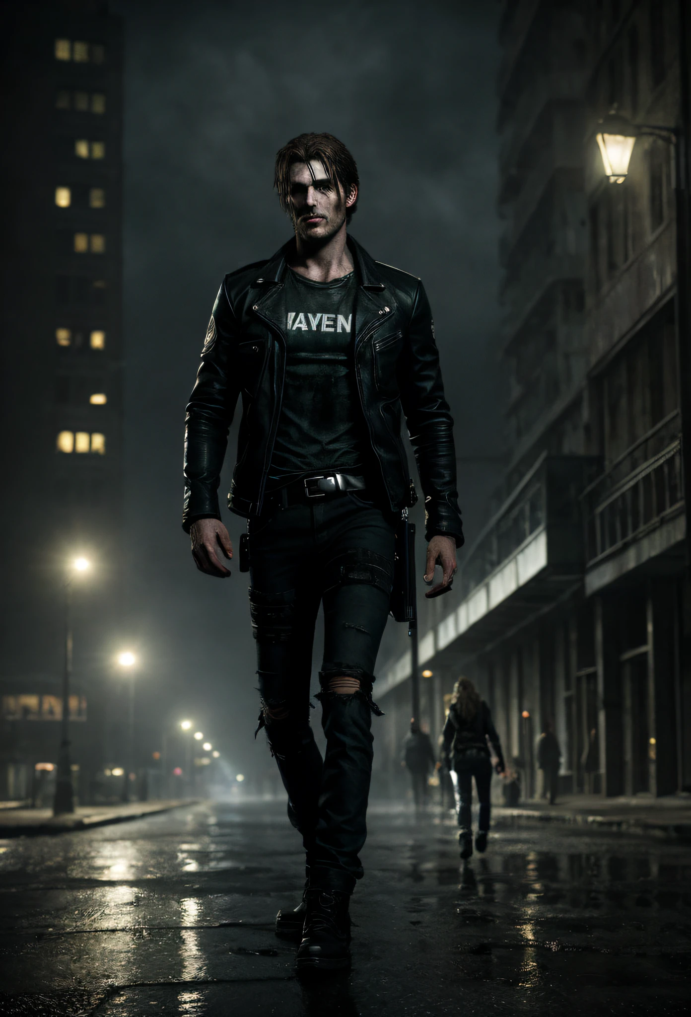 character Leon resident evil, with black leather coat, ripped jeans, walking armed, with black hair scattered and wet, ((full body)),((perfect face)), dark place in city center of raccon city of night destroyed with zombies in the background, Social realism, Realism, ray tracing, reflection light, high quality, high details, super detail, 8k, 16k, best quality