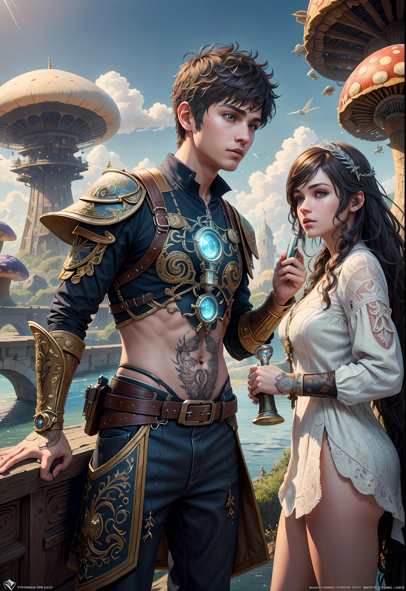 (((Multiplayer, Man and Woman))), Best Quality, Realistic, Realistic, Award-Winning Illustrations, (Intricate Details: 1.2), (Fine Details), (Intricate Details), (Cinematic Light, Best Quality Backlight), Clear Lines, Sharp Focus, Official Art, Unity 8k Wallpaper, Ridiculous, Incredibly Ridiculous, Fantasy Art, RTX, ((Award-winning Triangle Studio Close-up Photo)), 1 Boy, (Shut Up), Best Quality, 4K, beautiful mysterious creatures, male, flying, surrealism, masterpiece of NCWINTERS, in mysterious country town, masterpiece, intricate details, ff14style, urban painting, bridge, river, giant mushroom, landscape, bright colors,